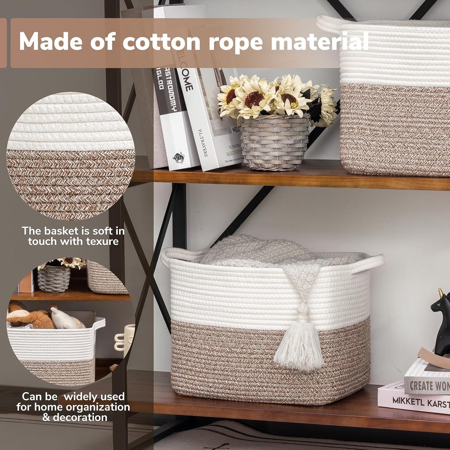 Woven Basket / Cube Storage Bins / Brown / 13"L x 10"W x 9"H