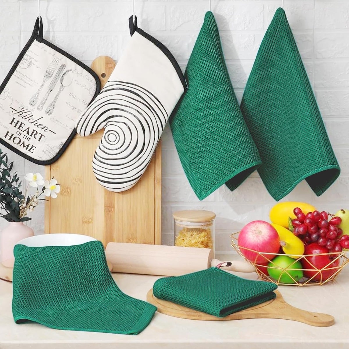 Homaxy 100% Cotton Waffle Weave Kitchen Dish Cloths 24-Pack, Dark Green | 12 x 12 Inches, Ultra Soft Absorbent Dish