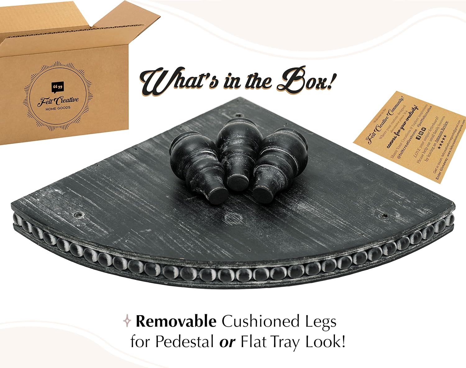 Farmhouse Wood Rounded Beaded Tray / Rustic Black