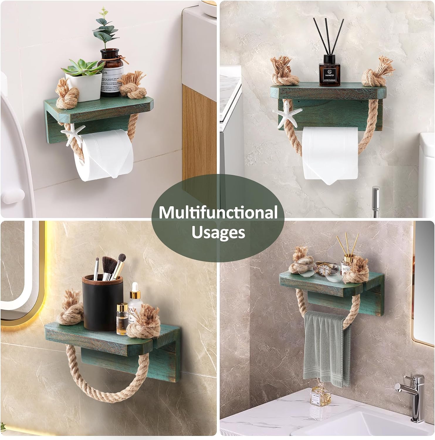 Rustic Rope Toilet Paper Holder Teal Farmhouse Bathroom Decor | Bathroom Accessory with Wood Shelf Nautical Coastal