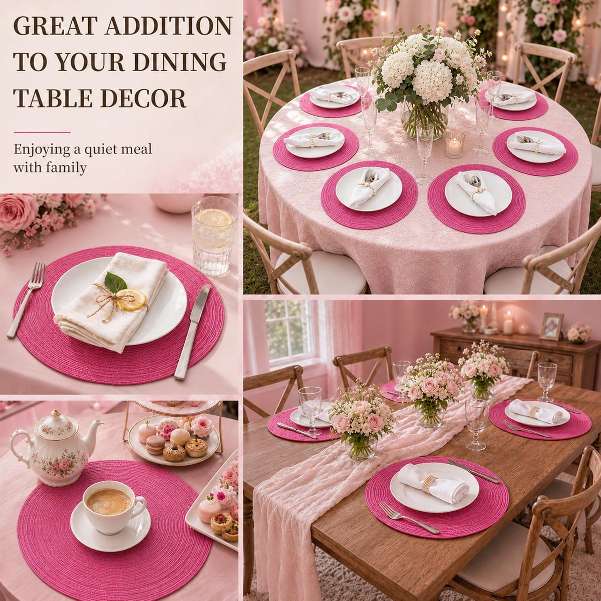 TaroKitc 15 in Round Placemats Set of 8, Washable Woven Placemats Heat Resistant Cotton Polyester Braided Table Mat