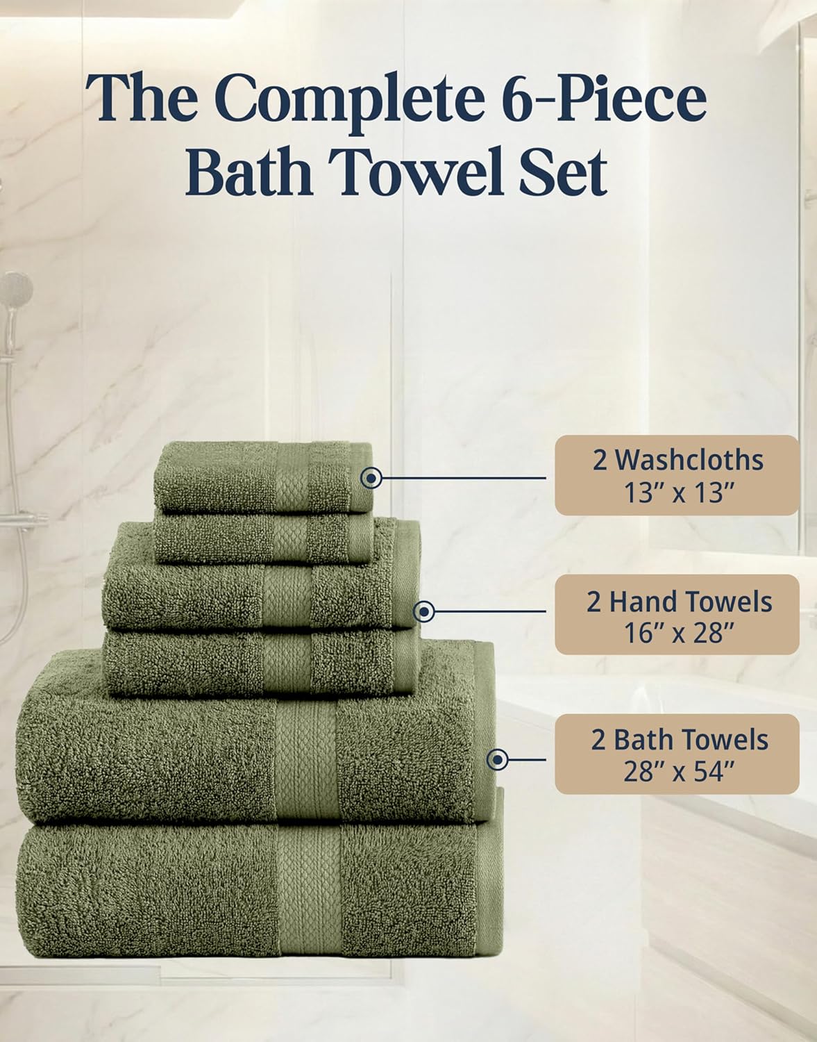 LANE LINEN Bath Towel Set 100% Cotton 6 Piece Soft Absorbent - Oil Green | Bath Towels Set Of 6 - Densely Woven