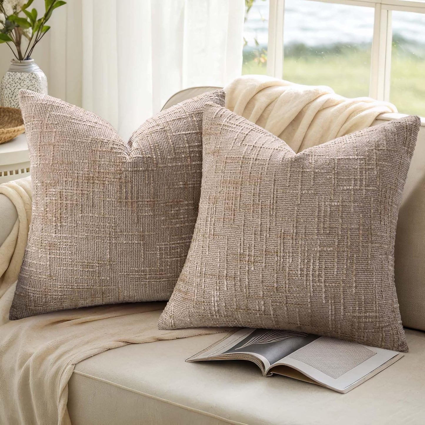 Fall Chenille Throw Pillow Covers Textured Soft Slubby Couch Pillow / Oatmeal / 18 x 18 / Set of 2