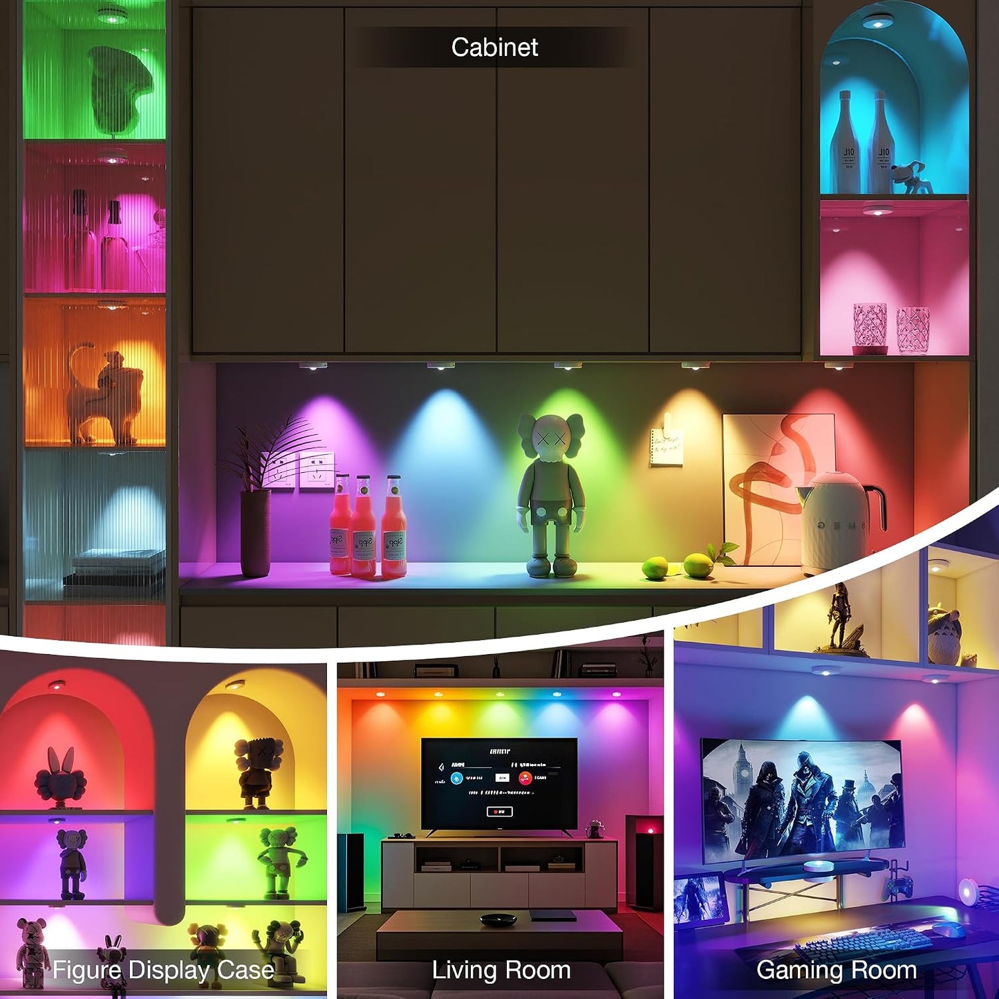 RGB Puck Lights with Remote Control,Under Cabinet Lighting,white,5PCS | 2000mAh Battery Operated Tap Lights