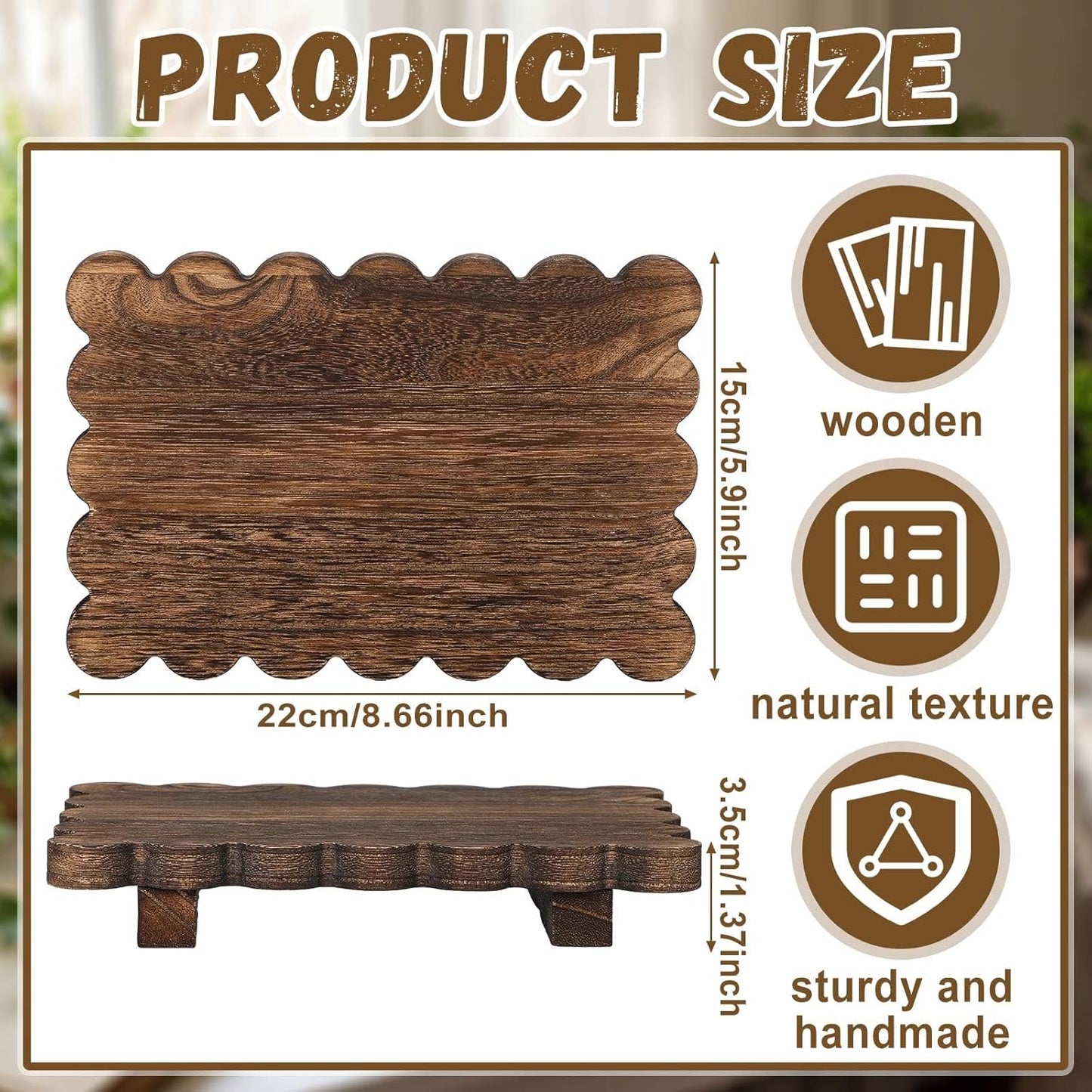 Scalloped Wood Riser Tray Soap Rustic Bathroom Decoration / Brown / 8.7''x 6''x 1.4 / Square
