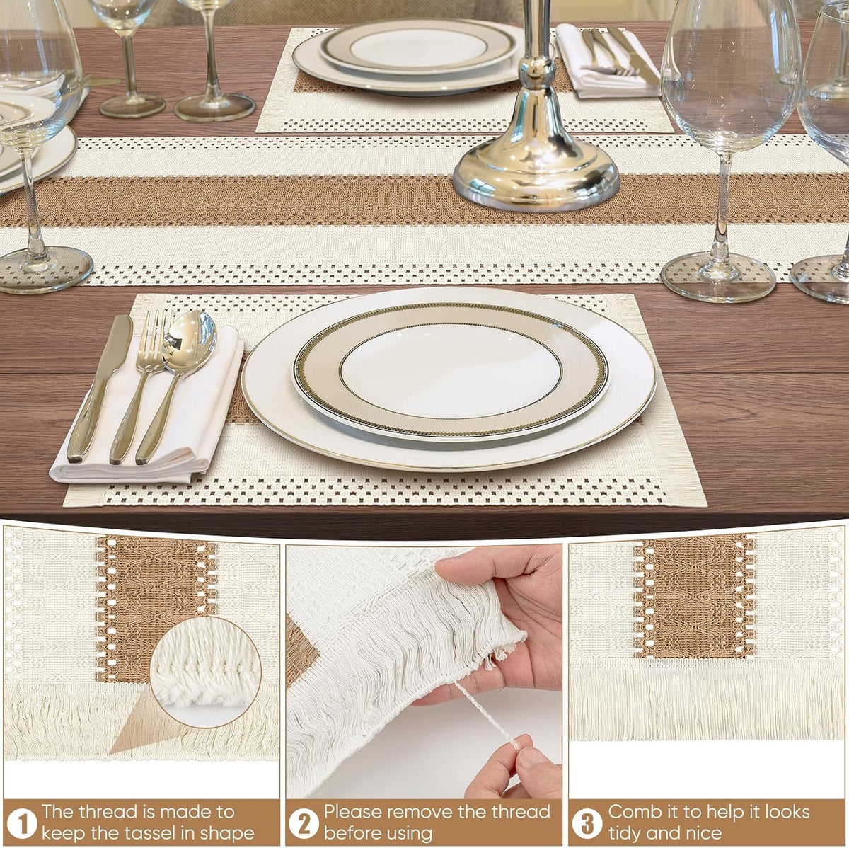 ADRIMER 12 Pcs Placemats, 6 Pcs Natural Cotton Burlap Place Mats and 6 Pcs Rattan Wicker Braided Table Mats, Farmhouse