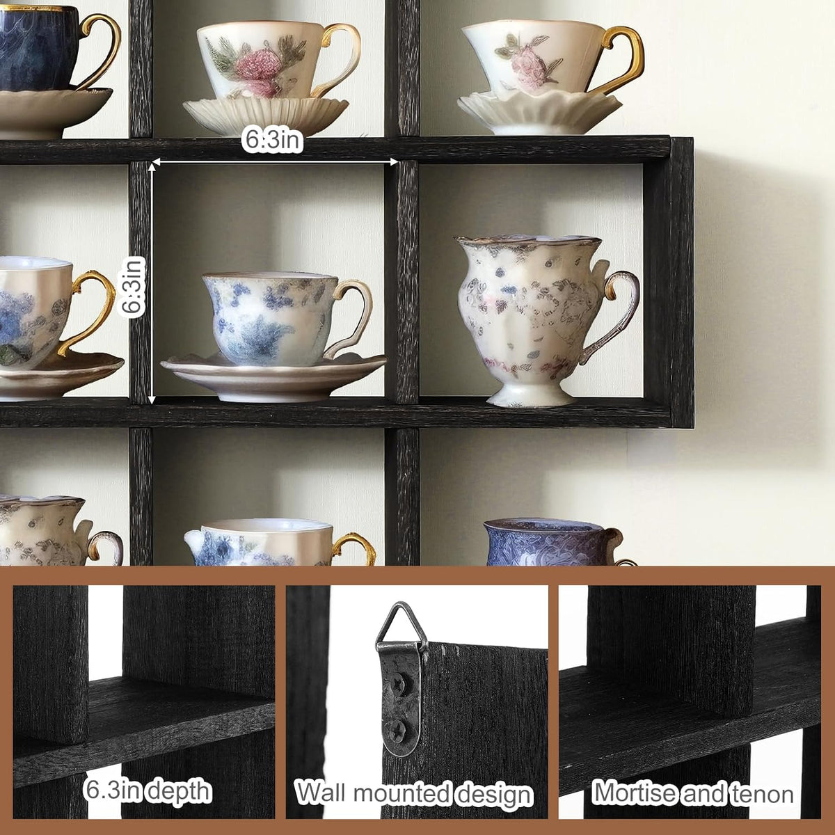 Suzile Oversize Tea Cups and Saucers Shelf Rustic Wooden Coffee Display Shelves Wooden Floating Curio Shelf Mounted Tea