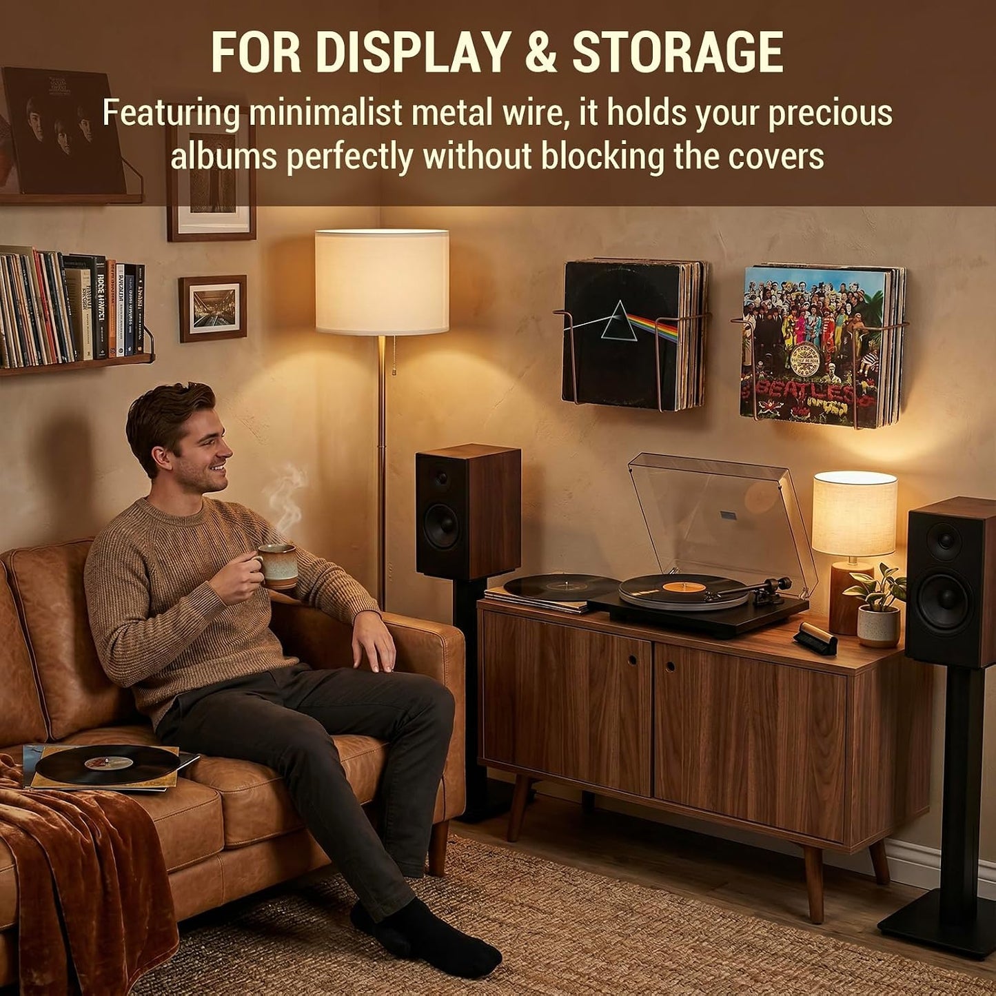 MyGift Copper Metal Wall Mounted Vinyl Record Display Shelves, Set of 2 | Wire Floating Holders Display LP Records &
