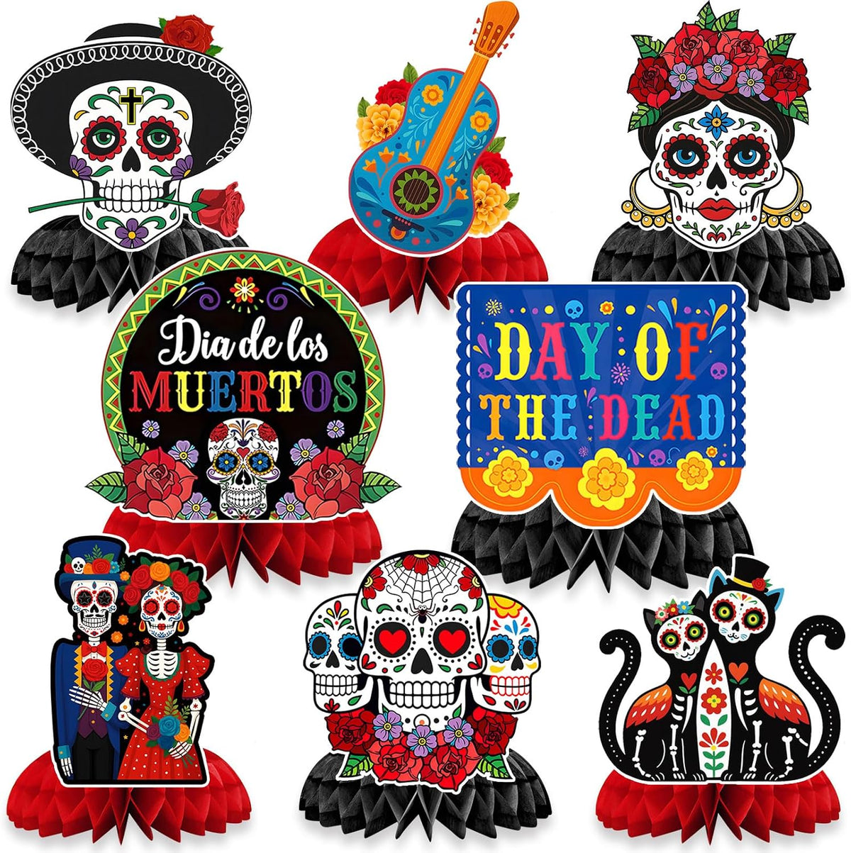 JULMELON 8Pcs Day of the Dead Decorations, Honeycomb Table Centerpieces