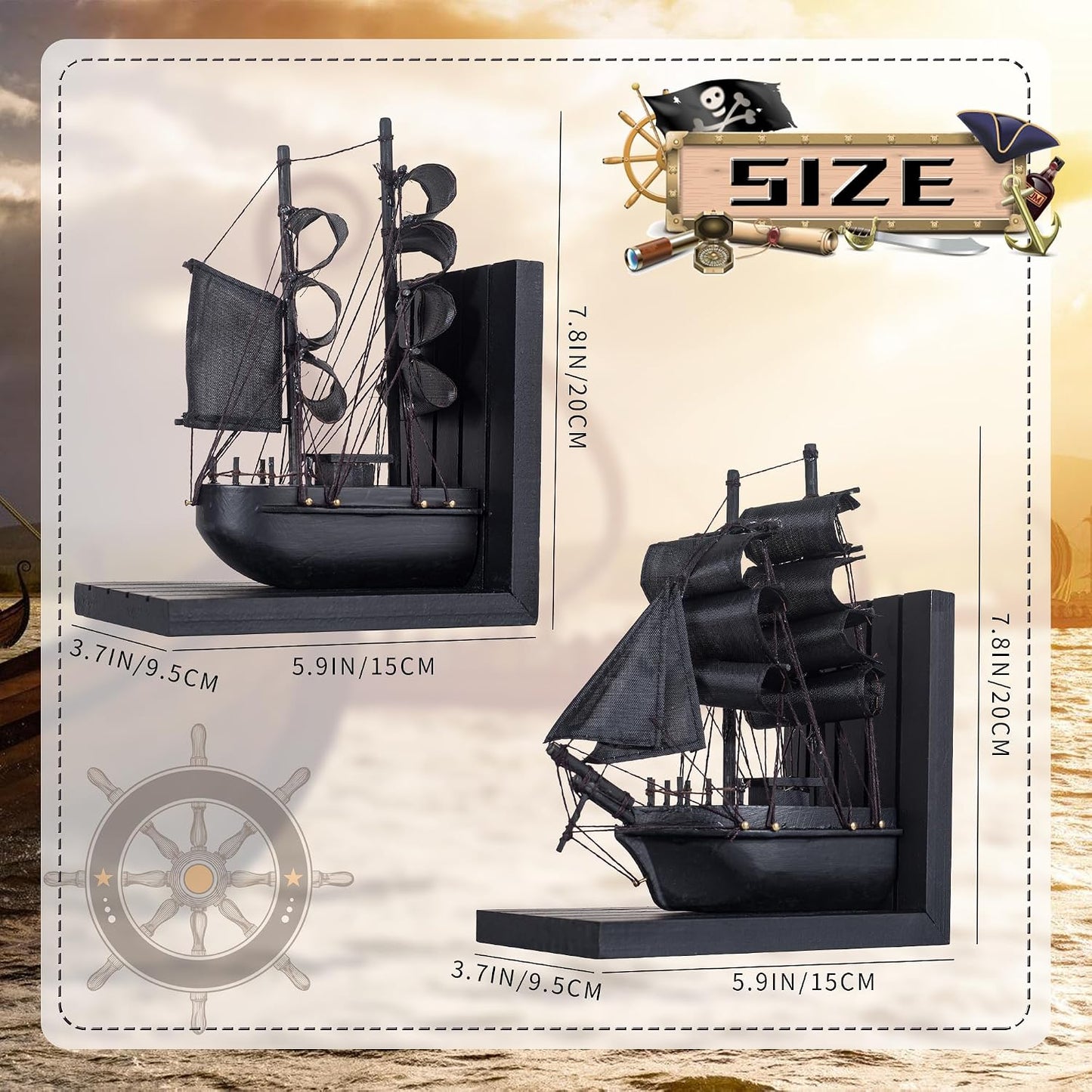 Wooden Ship bookends The Pearl Pirate 10" Prebuilt Caribbean Coastal Sailboat Decor Nautical / Black