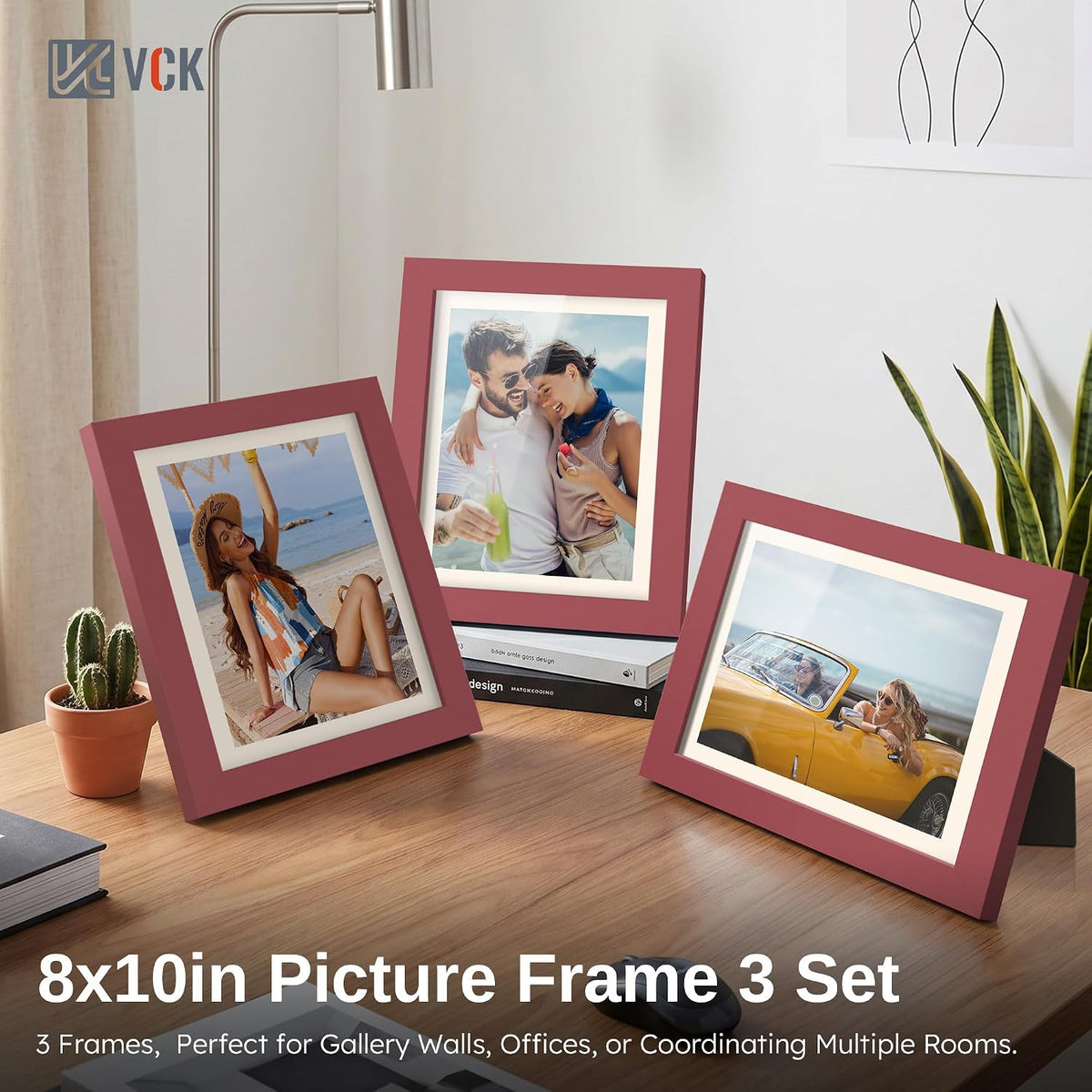 VCK 8x10 Picture Frame Set of 3 - Red, Wide Border Solid Wood Frame, Display Pictures in Horizontal and Vertical, for