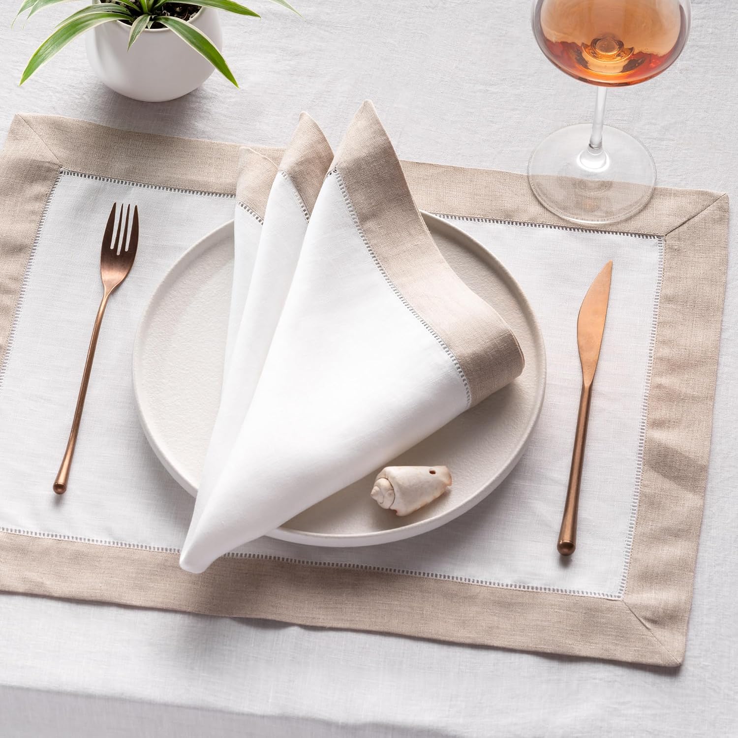 Linen Napkins 20 x 20 inch - 100% Pure Linen White and Natural Dinner Napkins Set of 4 - Hemstitch Napkins Cloth
