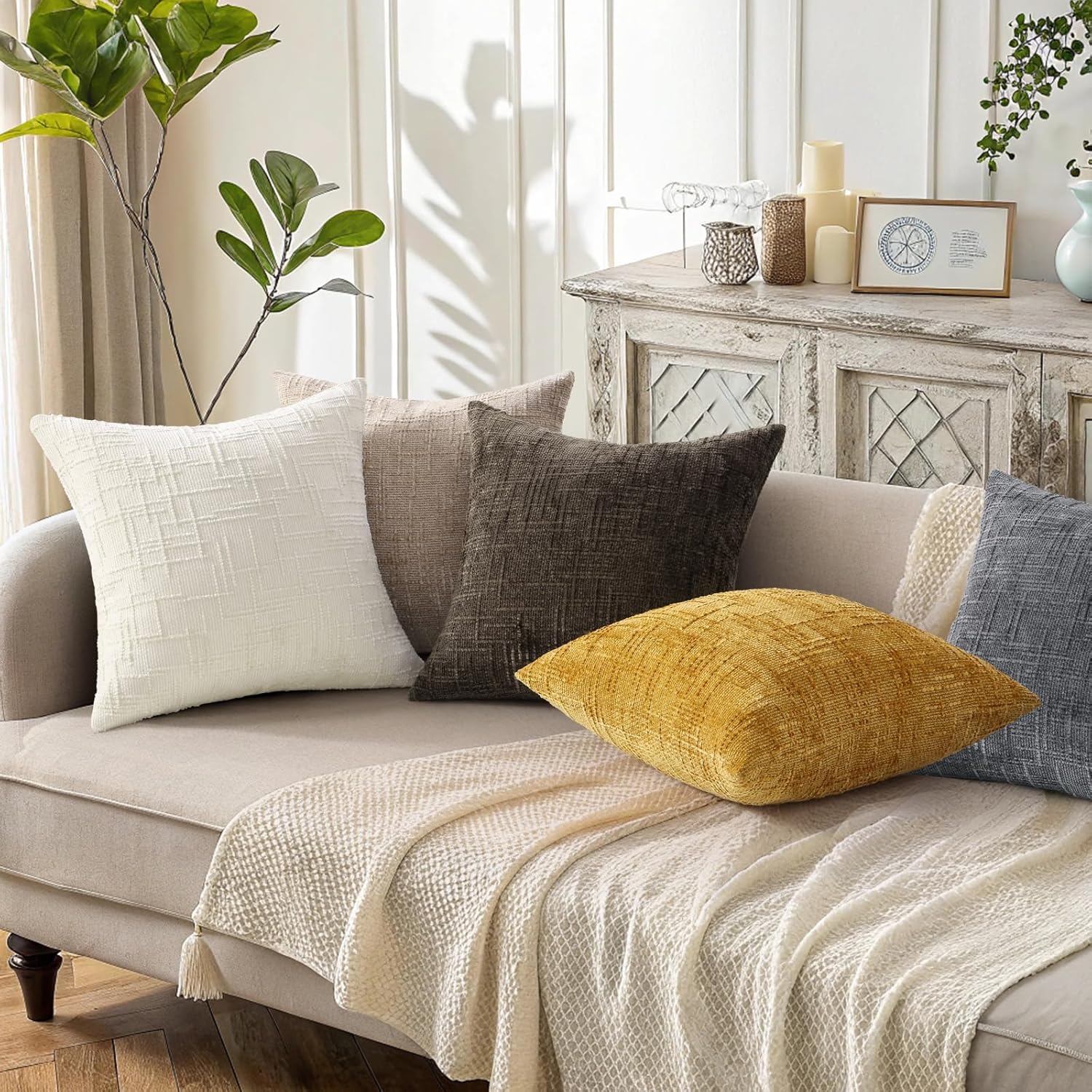 Fall Chenille Throw Pillow Covers Textured Soft Slubby Couch / Cream White / 18 x 18 / Set of 2