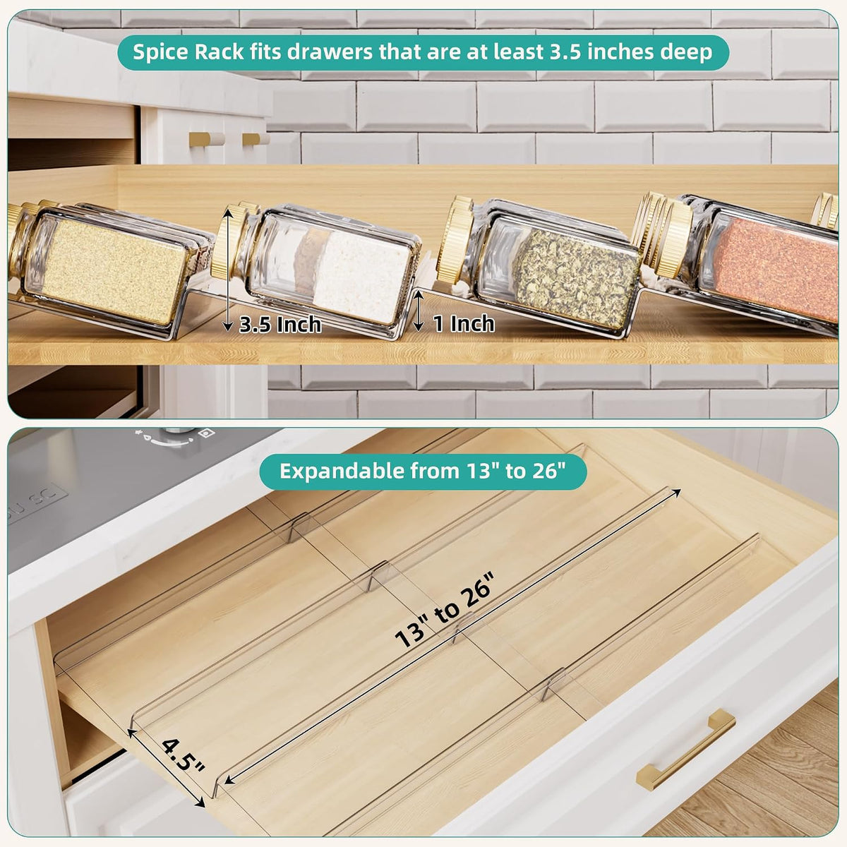 MIUKAA Acrylic Spice Drawer Organizer, 5 Tier - 10 Pack Seasoning Organizer for Drawer, Expandable From 13" to 26"