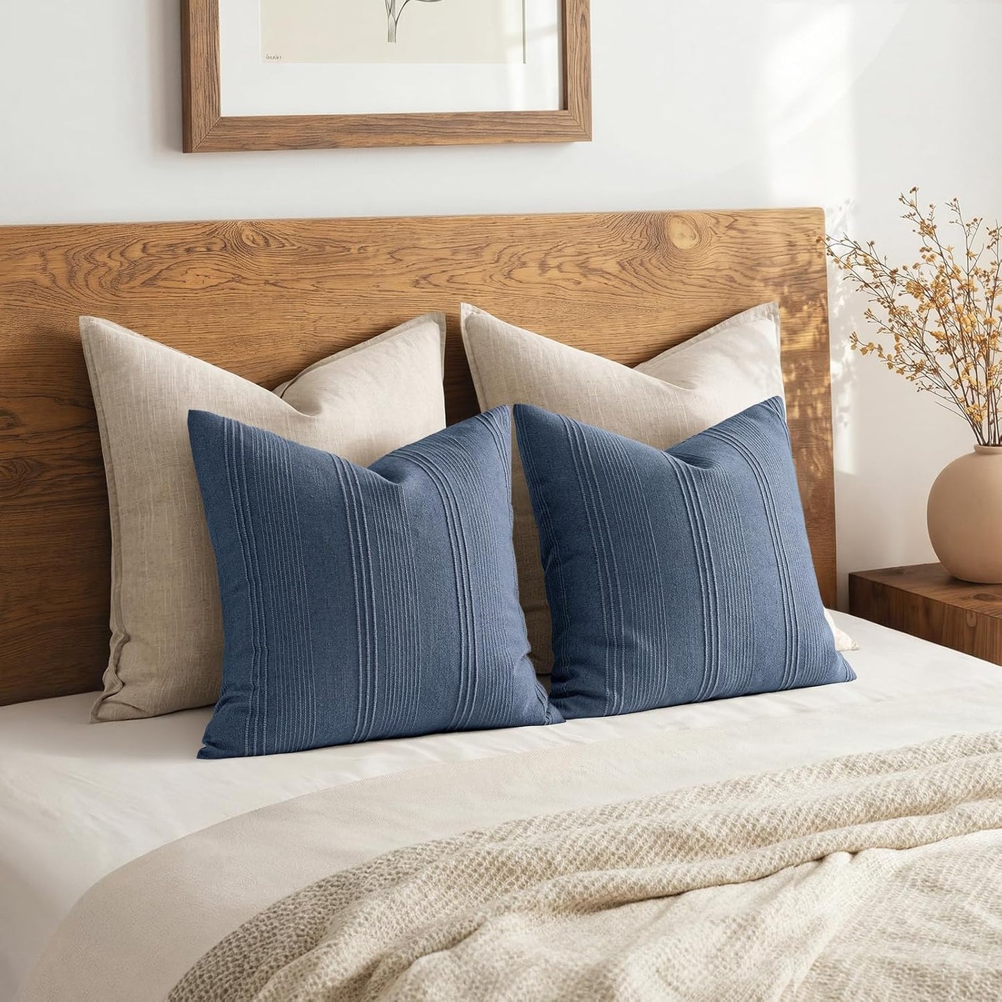 Striped Throw Pillow Covers Decorative Textured Pillow Covers Linen / 18 x 18 / Blue / Set of 2