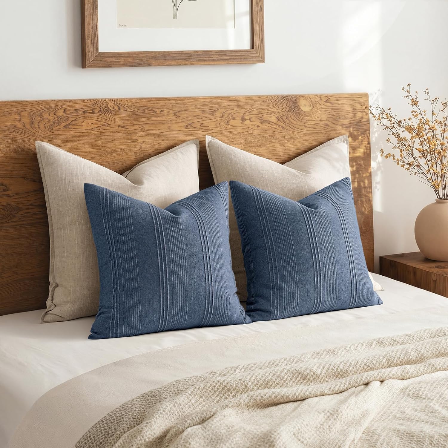 Striped Throw Pillow Covers Decorative Textured Pillow Covers Linen / 18 x 18 / Blue / Set of 2