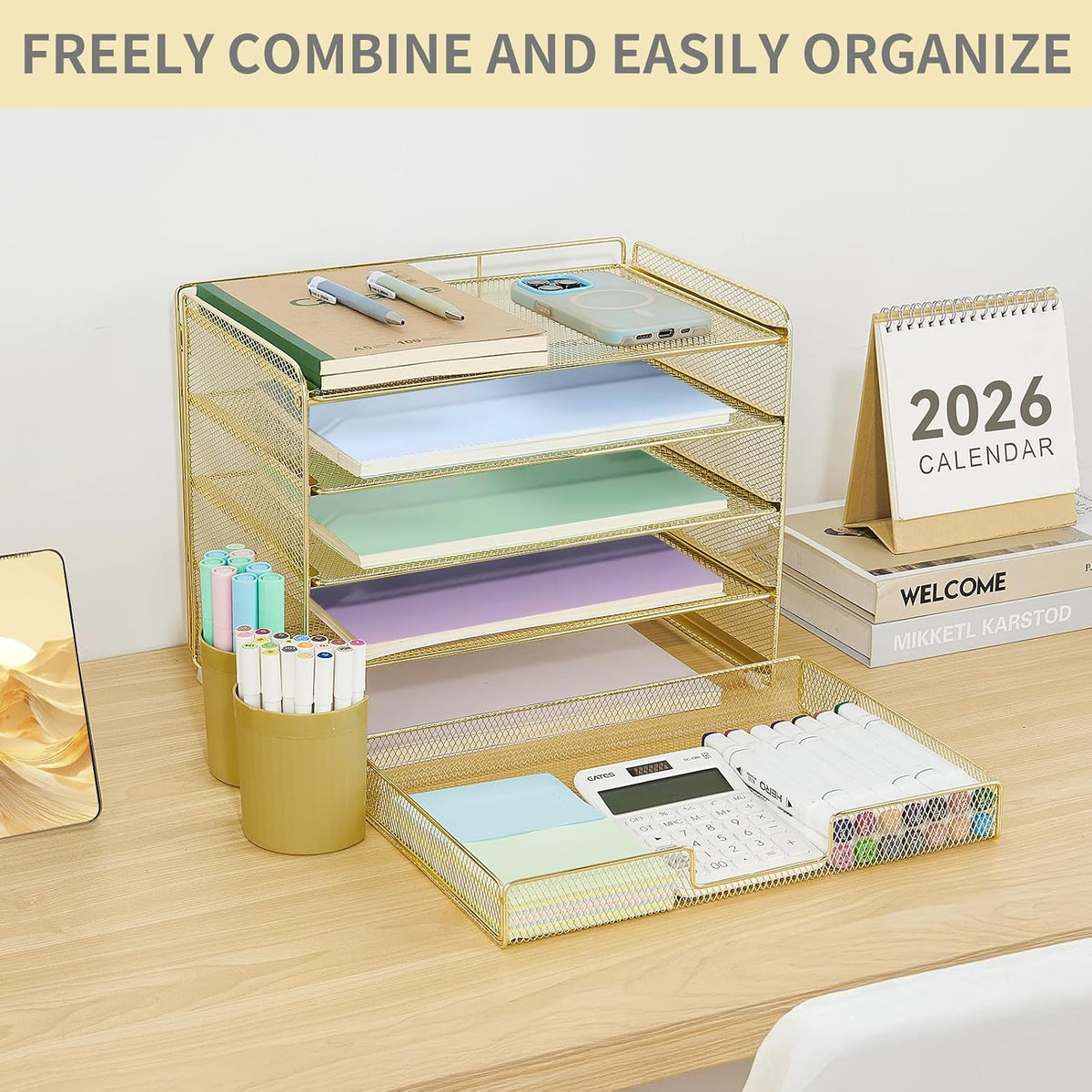 LEKETREE Desk Organizers and Accessories, 5-Tier Paper Letter Tray Organizer with Drawer & 2 Pen Holders, Desktop