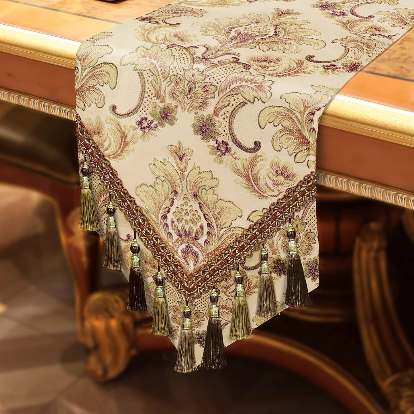 Loom and Mill Jacquard Table Runner 72 inches Long, Thick Fabric Floral Table Runners with Handmade Tassels for Dining