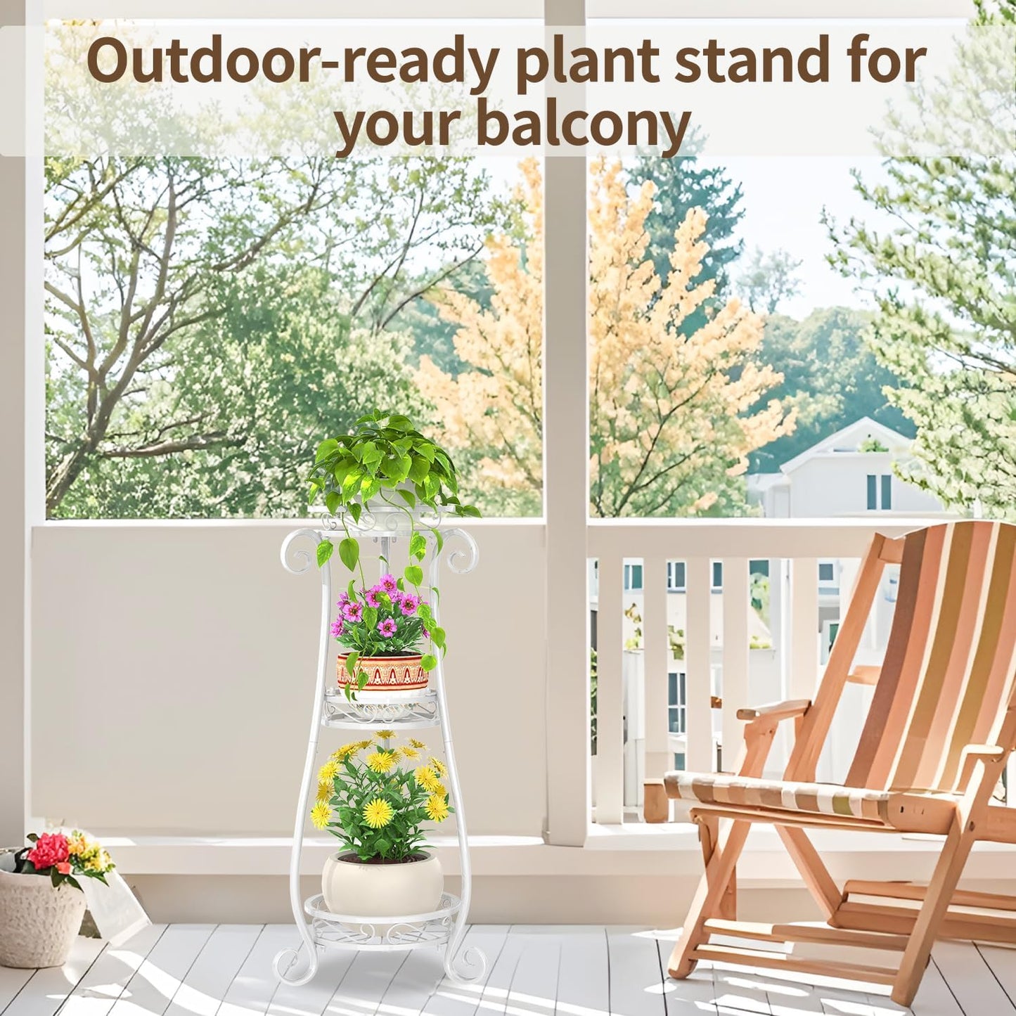 LASZOLA 3 Tiers Metal Corner Plant Flower Stand Tall Indoor Outdoor, White | Heavy Duty Small Holder Shelf for Multiple