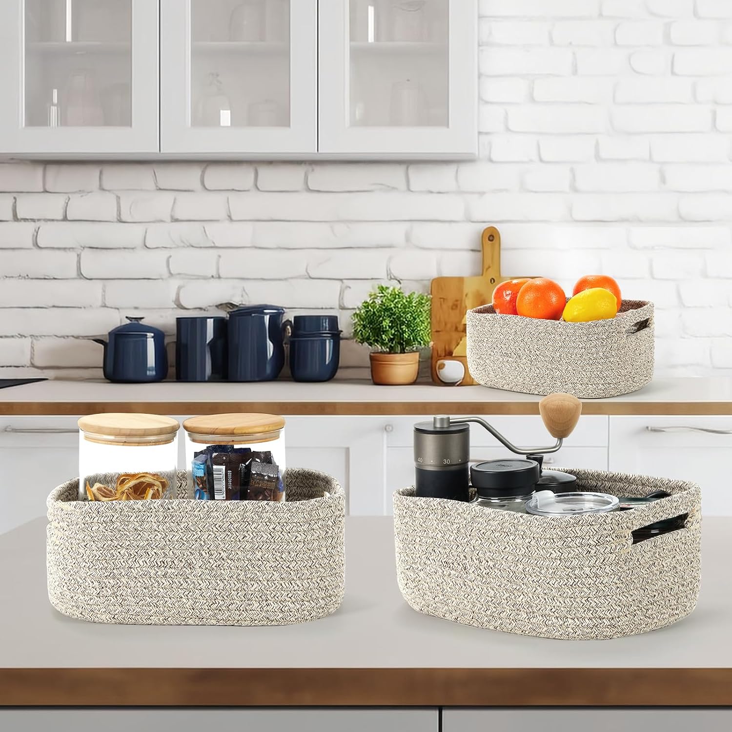 Small Cotton Rope Storage Baskets for Organizing Woven Baskets / 11.8 x 7.8 x 5 / Tan / Set of 3