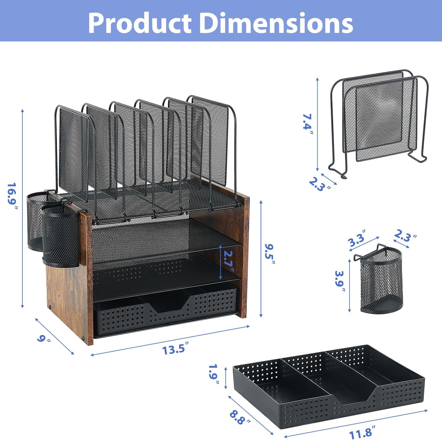 AUPSEN Desk Organizer with 5 Vertical File Holders, Storage Drawer & 2 Pen Holders, 5 Trays Paper Letter Tray