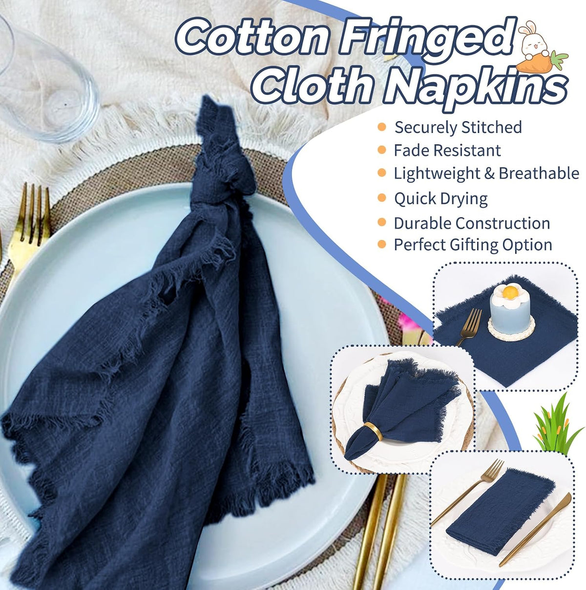 Showgeous 60 Pack Navy Blue Cloth Napkins with Fringe, 16x16 inch | 100% Cotton Blue Napkins Handmade Dinner Napkins
