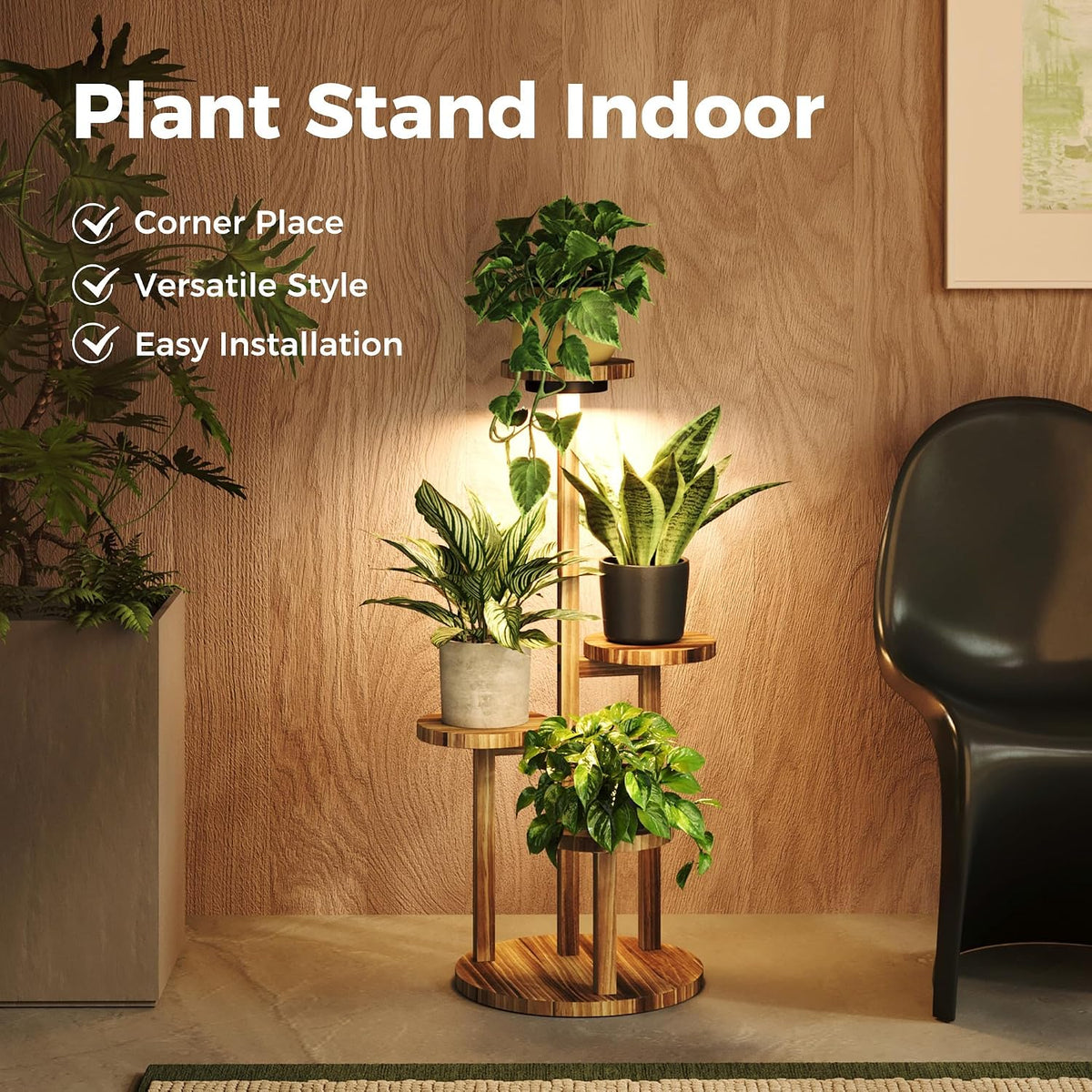 Bamworld Plant Stand Indoor with Grow Lights Plant Shelf 4 Tier Wood | plant holders for Multiple Plants Tall Corner