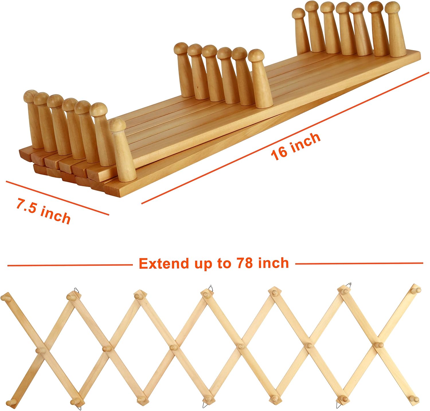 Accordian Wall Hanger: 16” High Wooden Wall Expandable Coat Rack, Hat Rack Holder, Accordion Hook for Baseball Caps