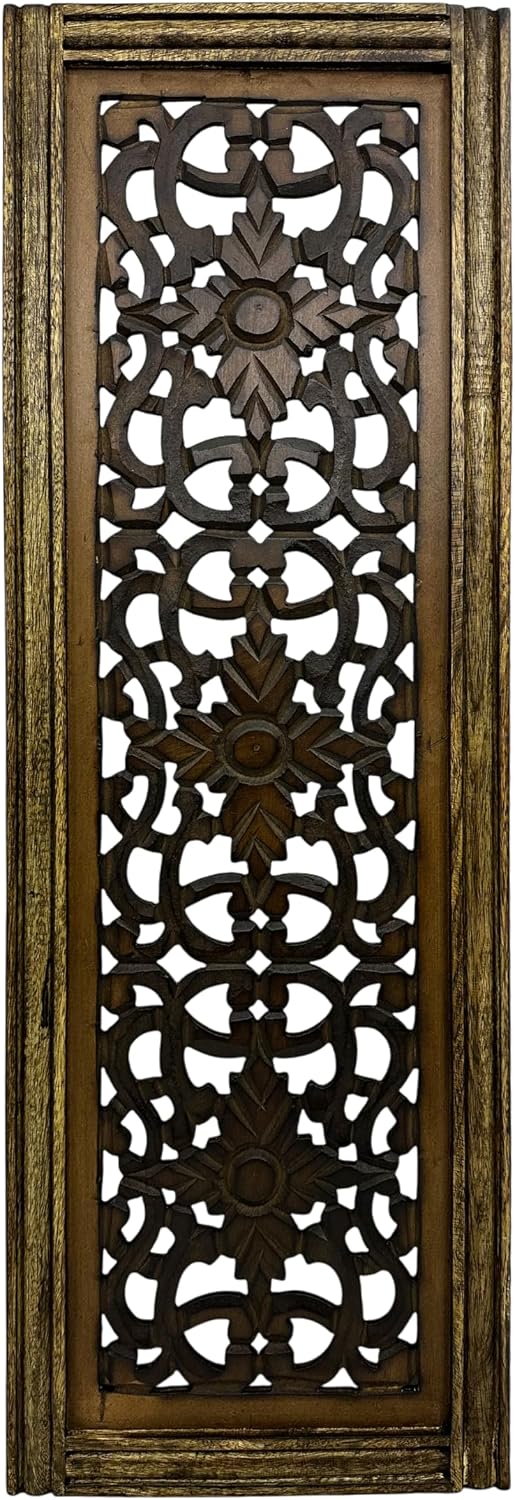 Floral Hand Carved Wooden Wall Panels / Rustic Brown / Set of 2