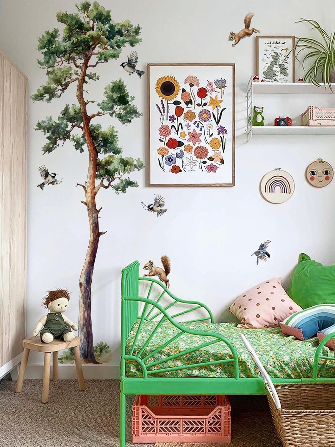 Large Pine Tree Wall Decals Forest Watercolor Squirrel Bird Wall Stickers Peel / Watercolor Tree