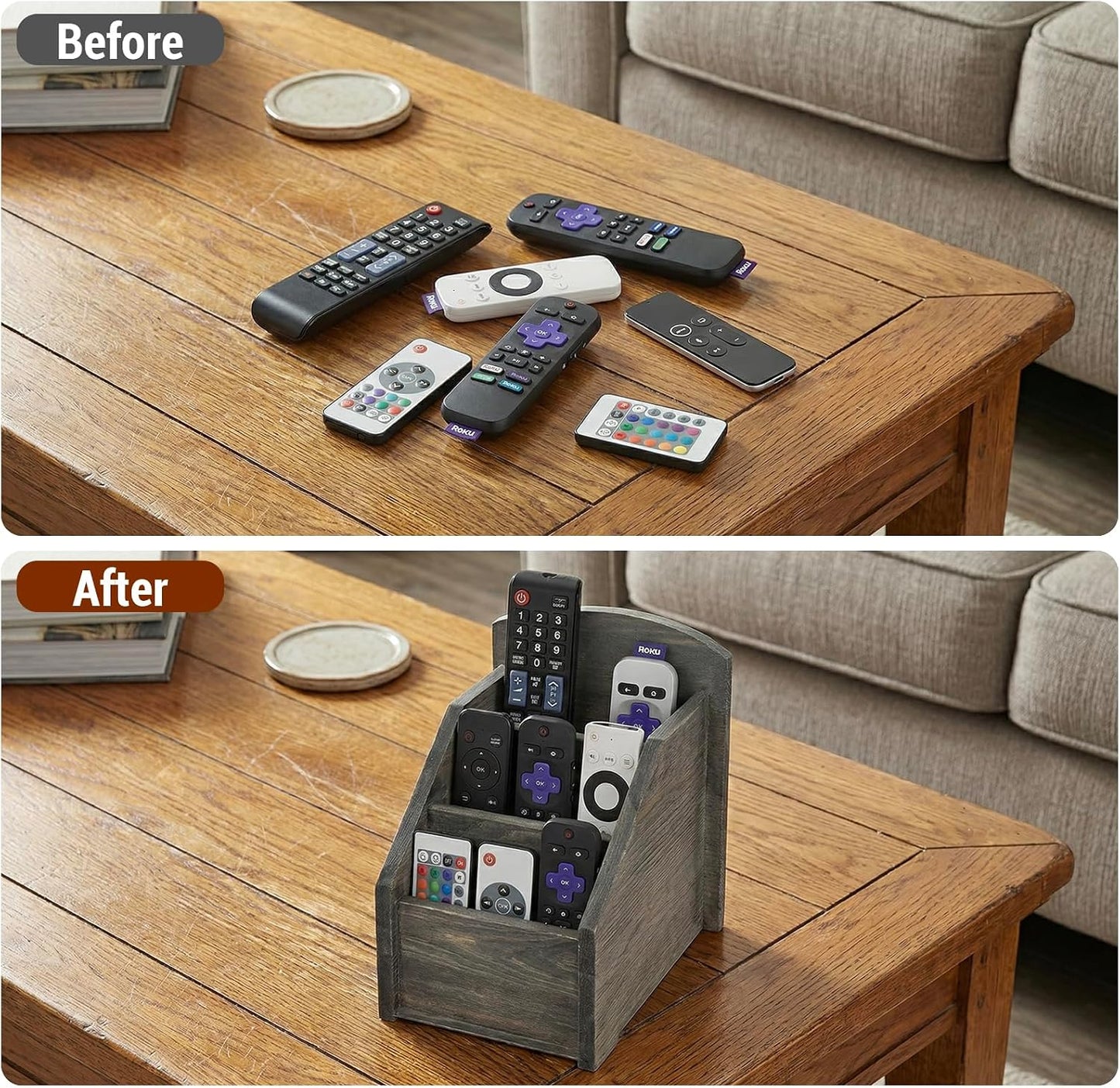 Rustic Wood Remote Control Holder Organizer Caddy / Dark Gray
