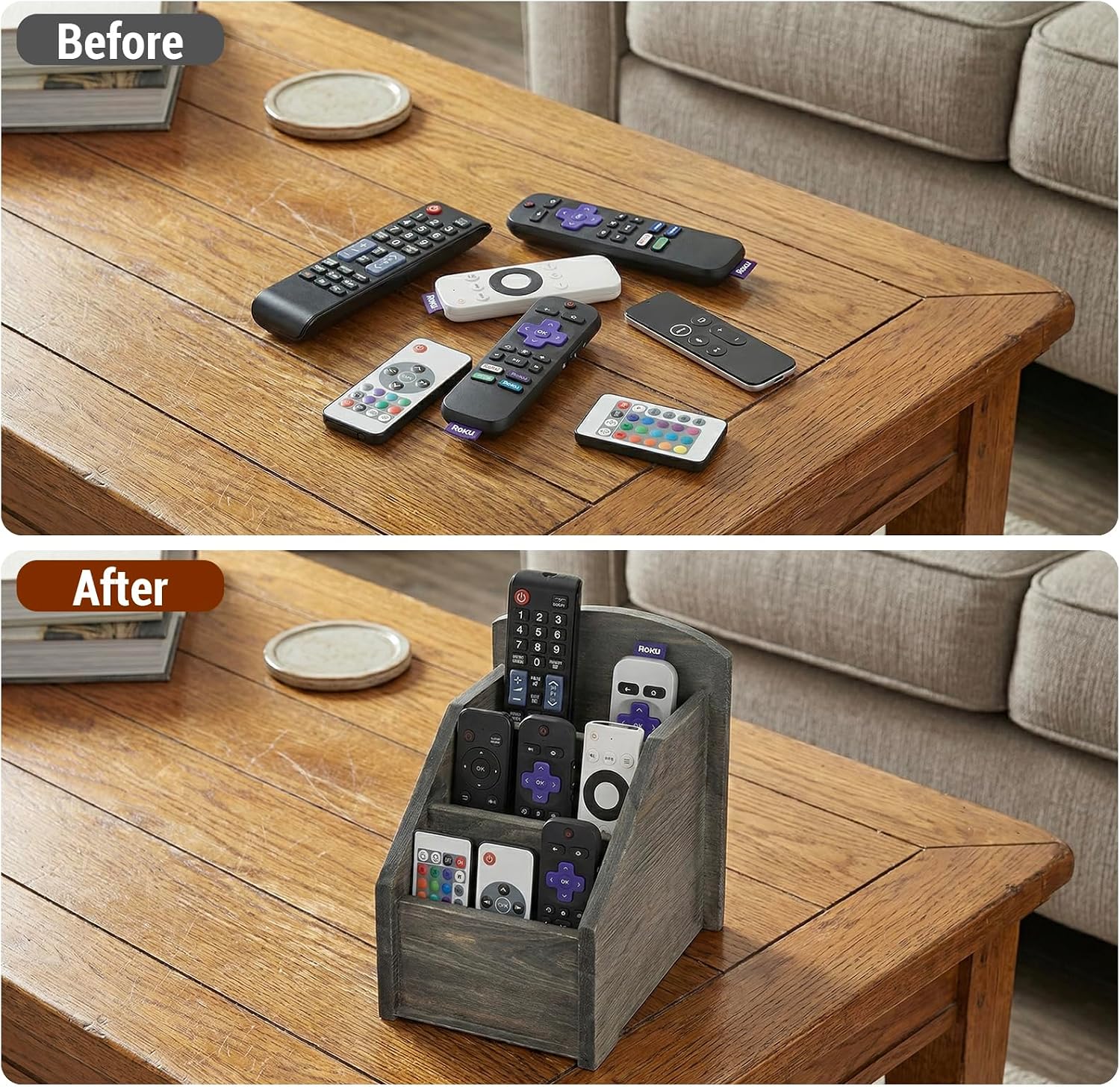 Rustic Wood Remote Control Holder Organizer Caddy / Dark Gray