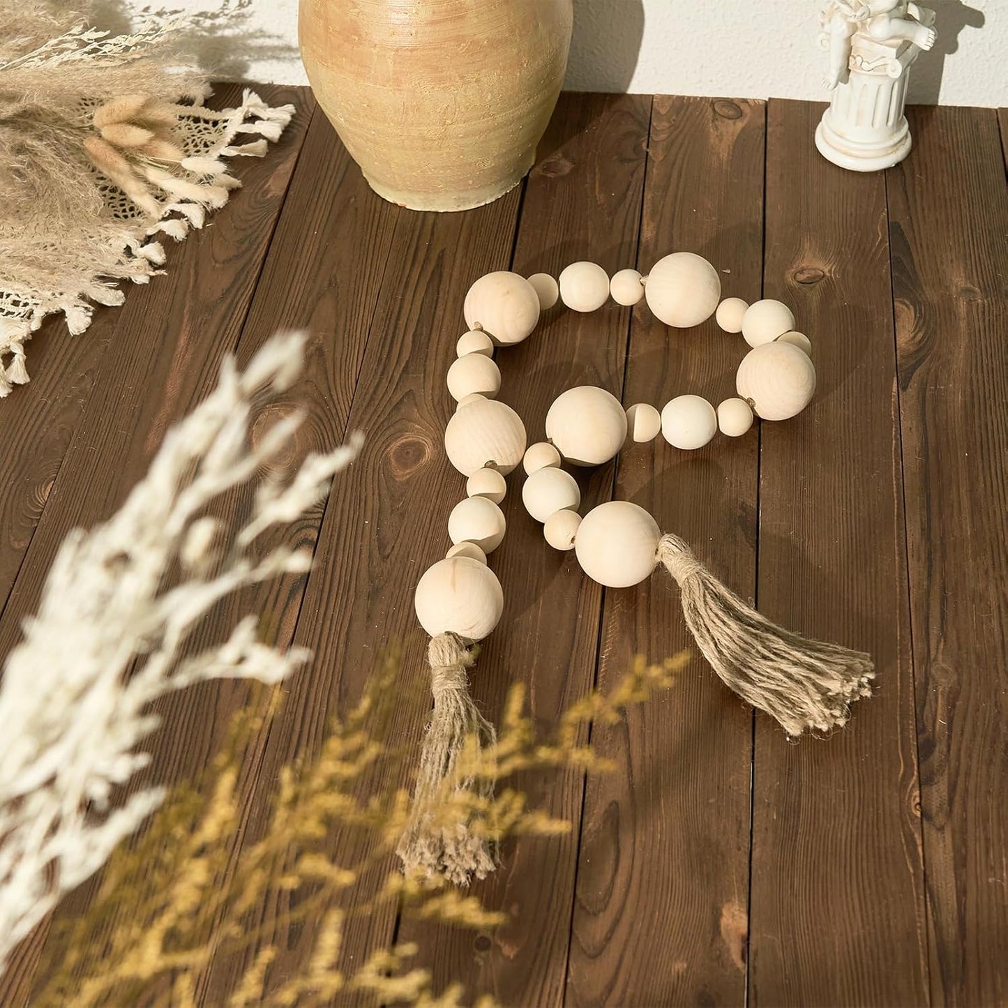 2" Extra Large Wood Bead Garland / Nature Beige / 44 Inches