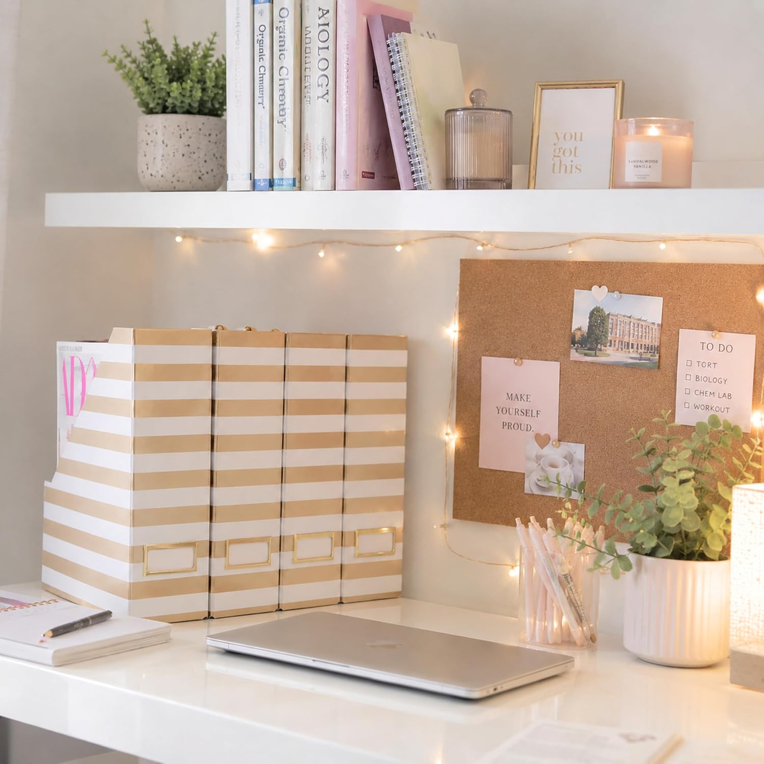 BLU MONACO | Cardboard Magazine File Holder Set of 4 Gold White Stripes | Vertical Magazine File Holder with Label