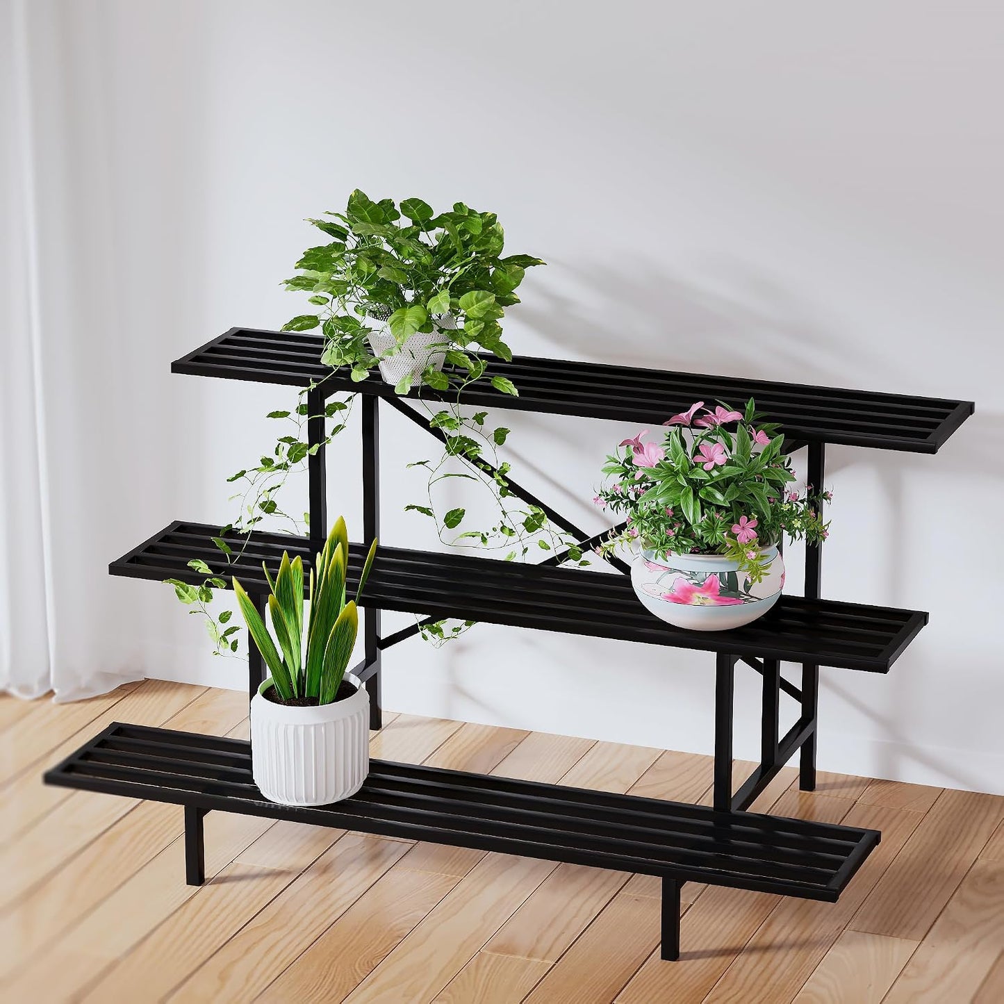 Zhongma 3 Tier Sturdy Metal Plant Stand, L45.67 x W26 x H23.6 inch, Heavy Duty Plant Holder for Home Indoor and