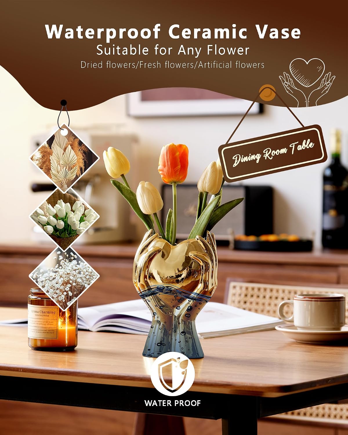 8" Heart Hand Ceramic Vase / Gold