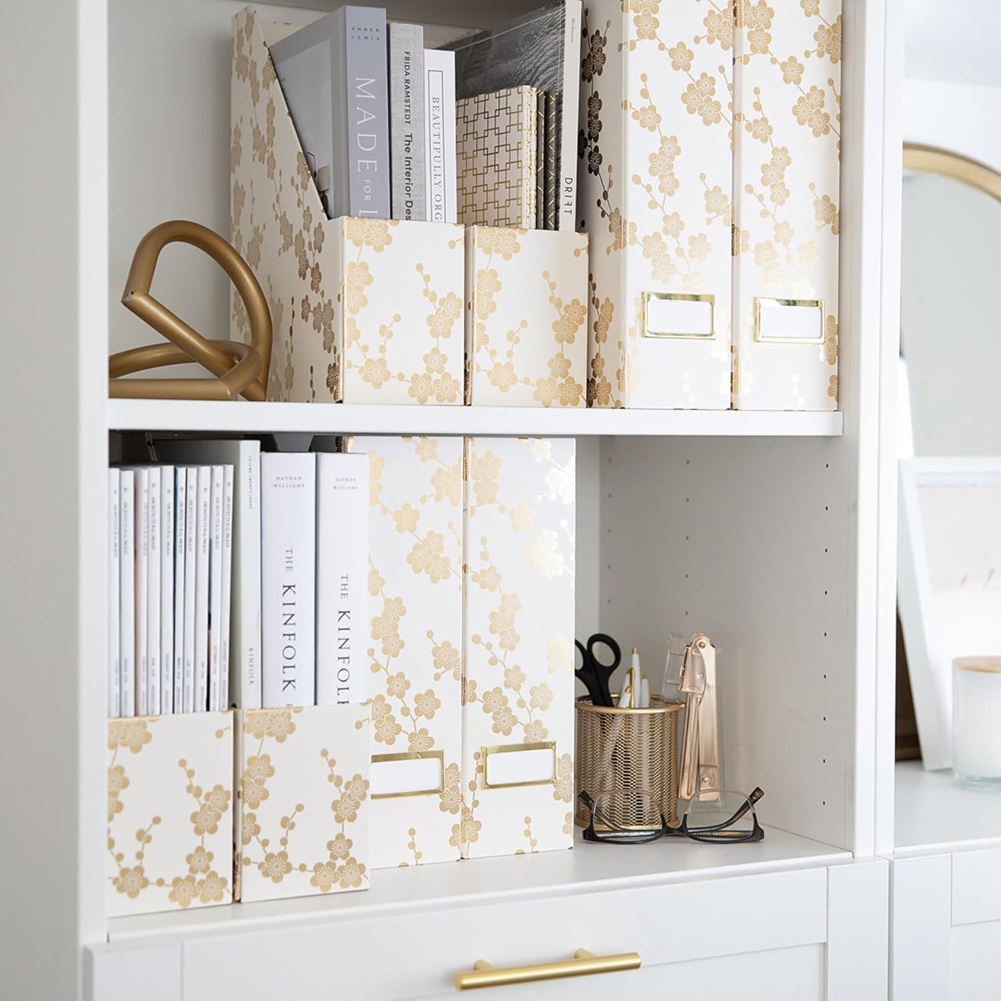 BLU MONACO | Set of 4 Foldable Magazine Storage Boxes with Gold Floral Pattern | Decorative Vertical File Organizers