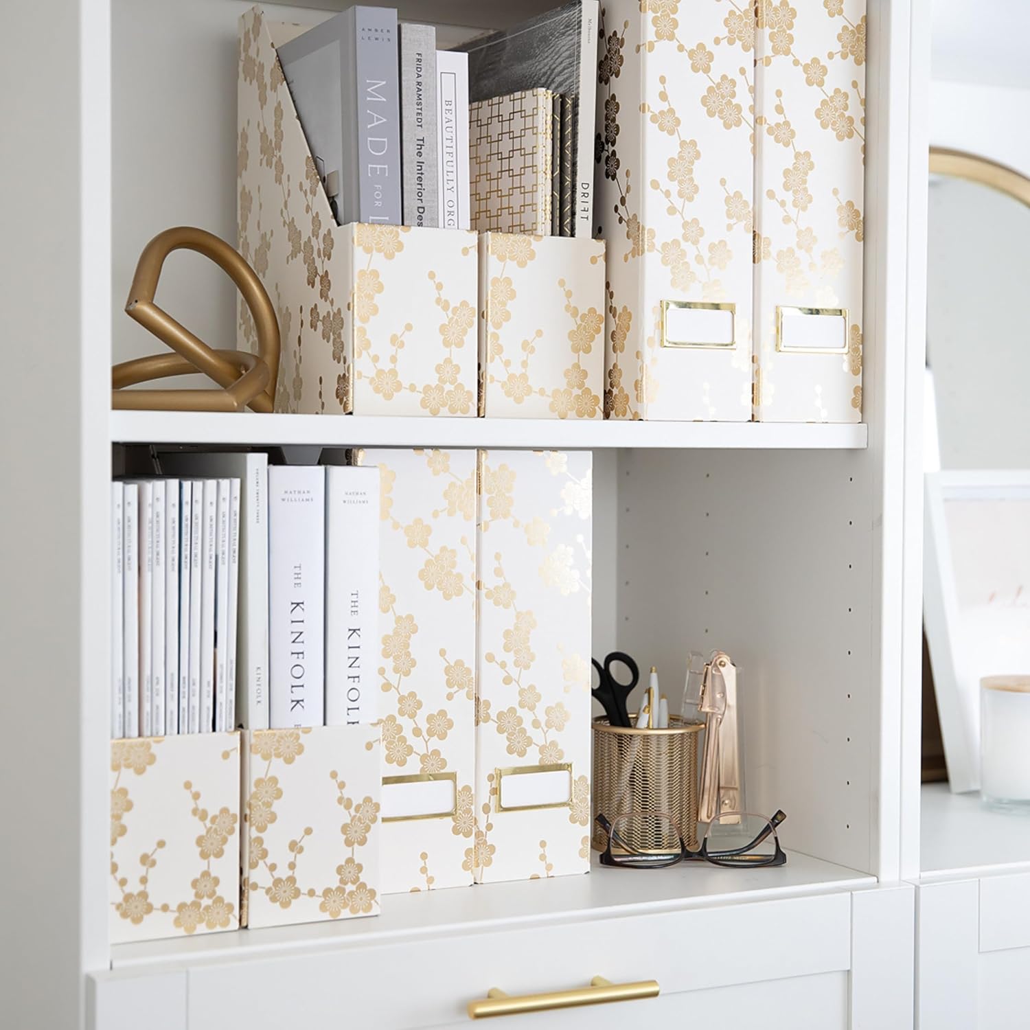 BLU MONACO | Set of 4 Foldable Magazine Storage Boxes with Gold Floral Pattern | Decorative Vertical File Organizers