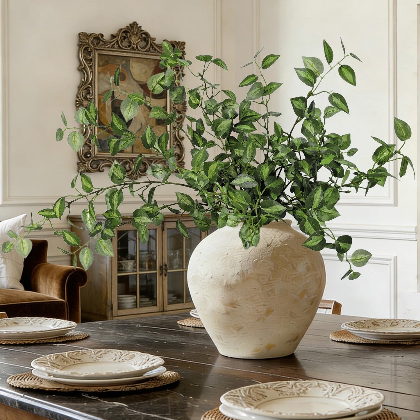 Long Artificial Stems Faux Greenery Stems for vase Faux Leaves Fake / Green / 32.7 Inch / Set of 6
