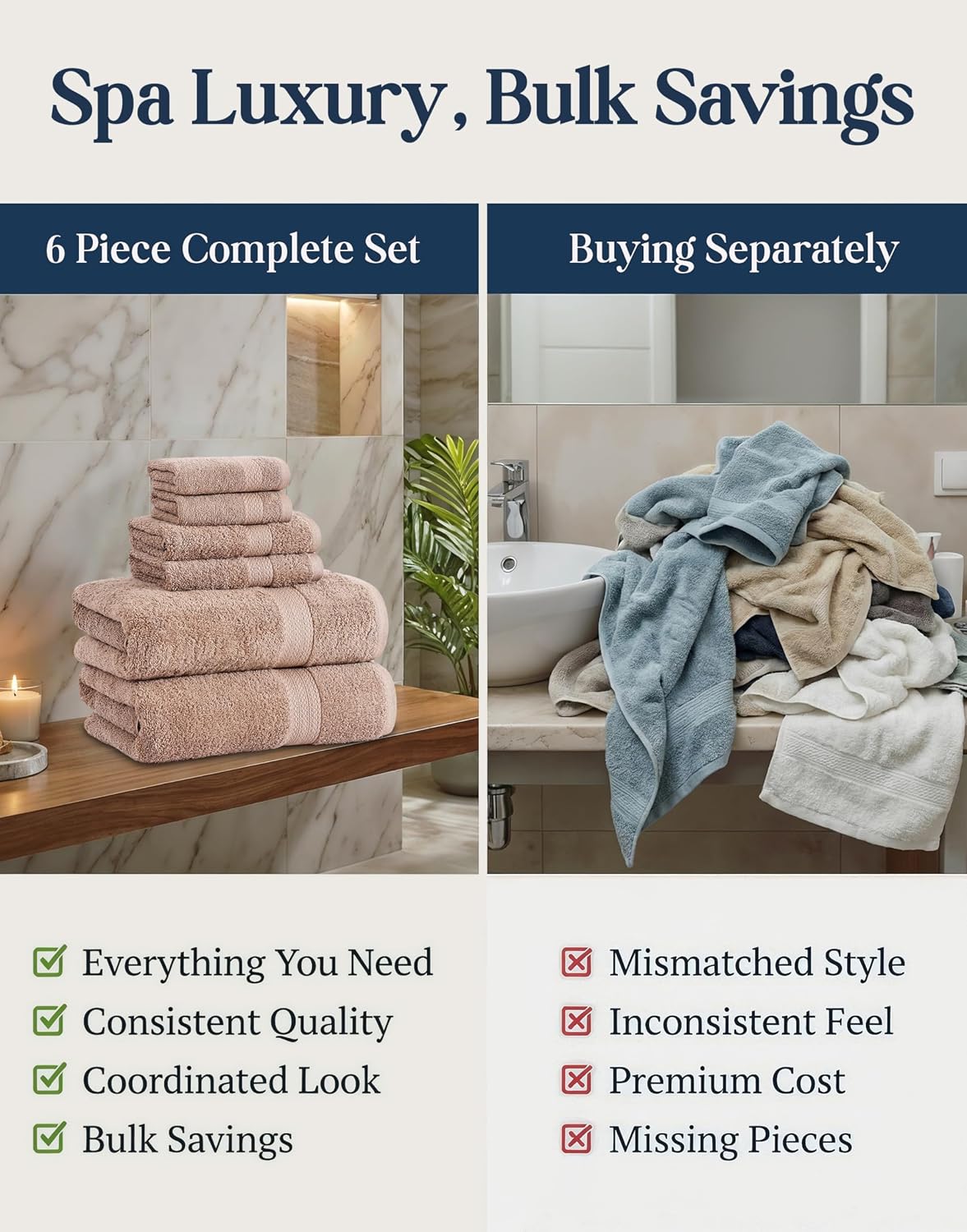 LANE LINEN Bath Towel Set Quick Dry 100% Cotton 6 Piece Soft - Taupe | Cotton Bath Towels - Classic Terry Weave