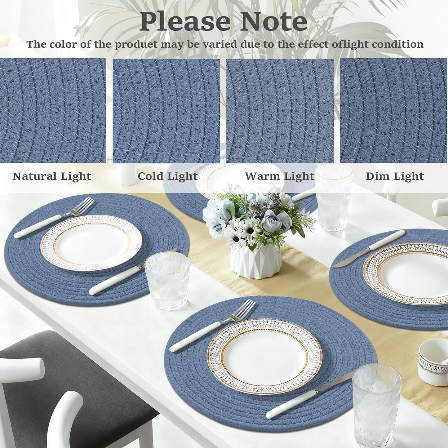 Round Placemats Set of 6, Cotton Rope Woven Table Mats, Hot Pads for Kitchen, Non Slip Heat Resistant Place Mats, 13