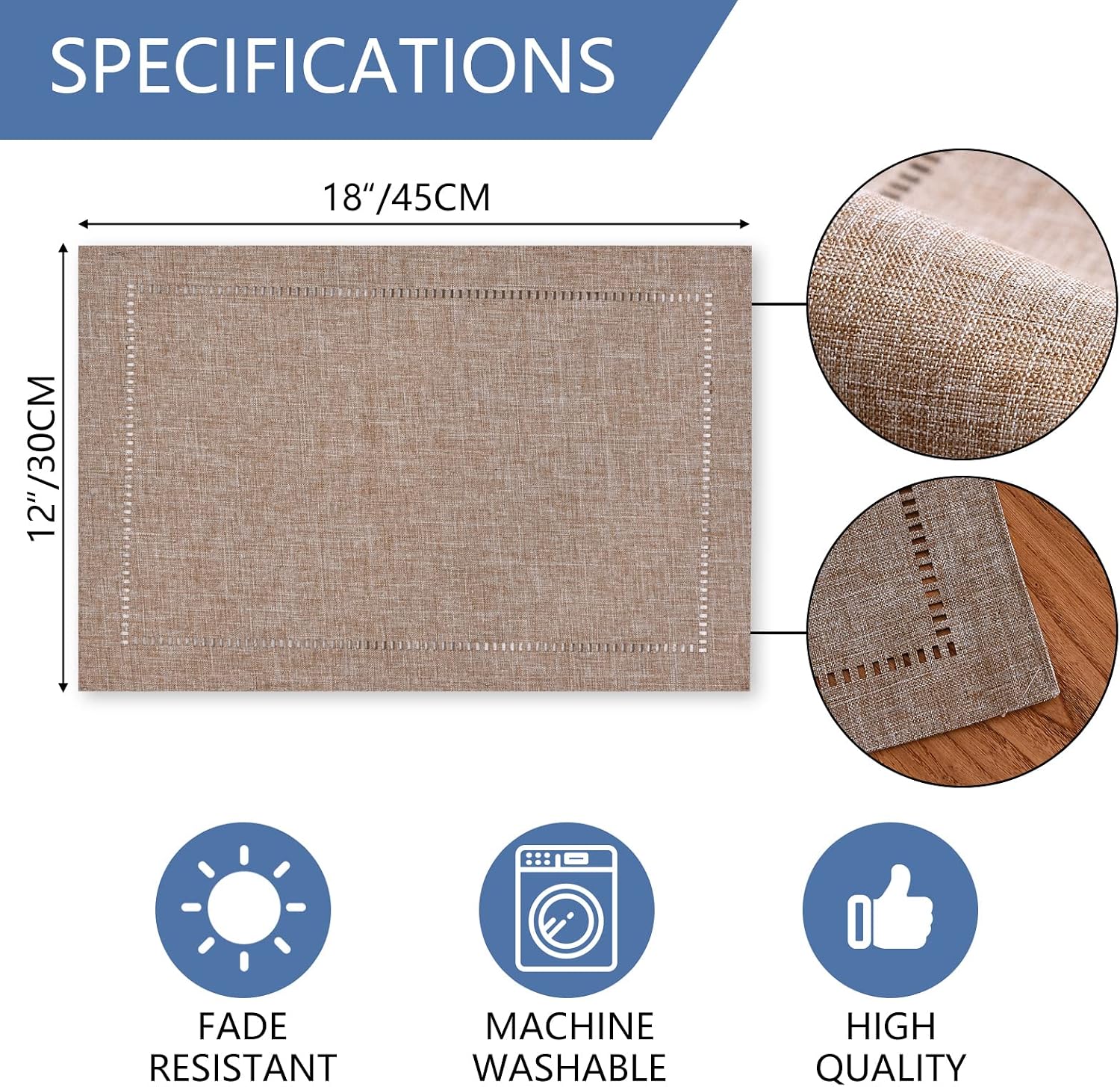 Tosewever Set of 6 Decorative Linen Placemats 12 x 18 Inches, Farmhouse Style Table Mats for Everyday Dining Wedding