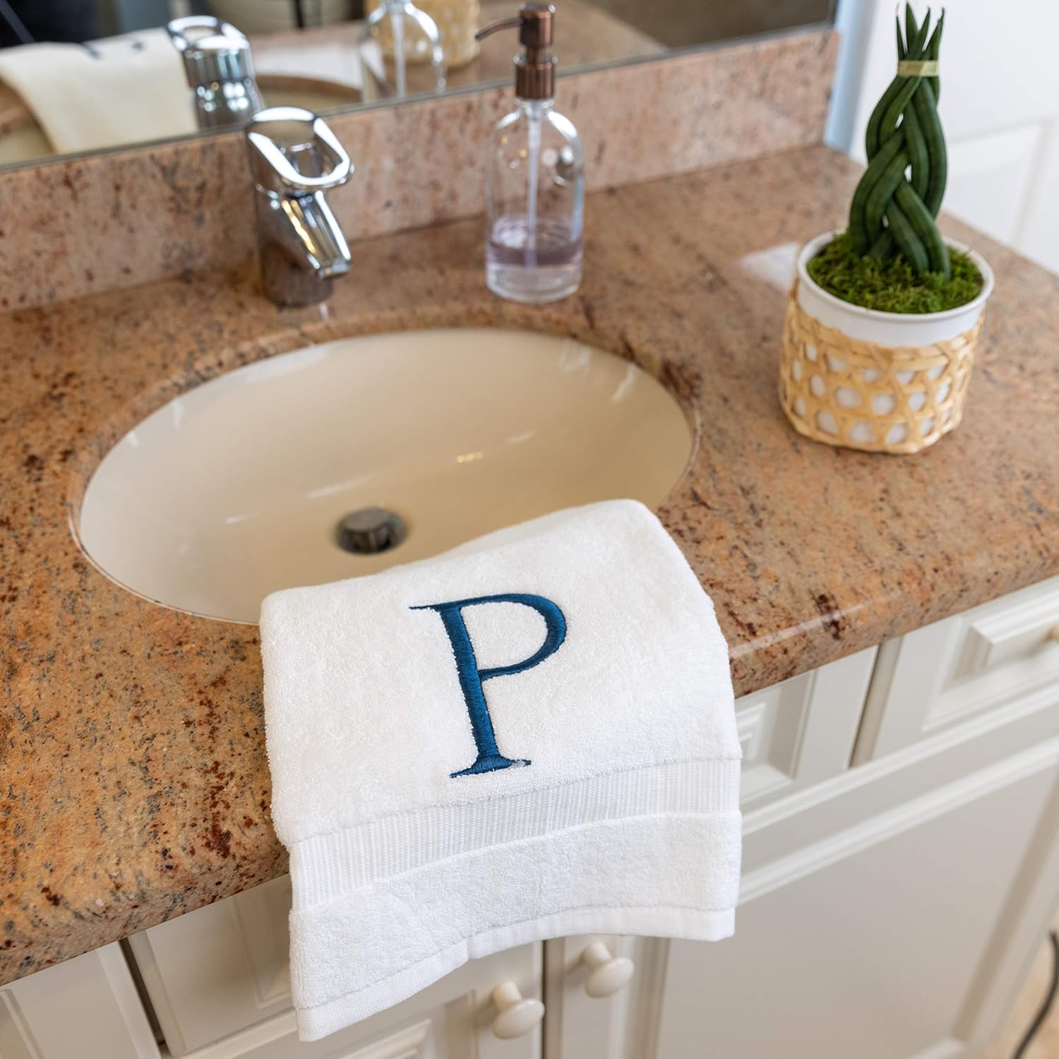 White with Navy Monogrammed Hand Towels for Bathroom - Set of 2 Letter P | Luxury Hotel Quality Initial Towels For