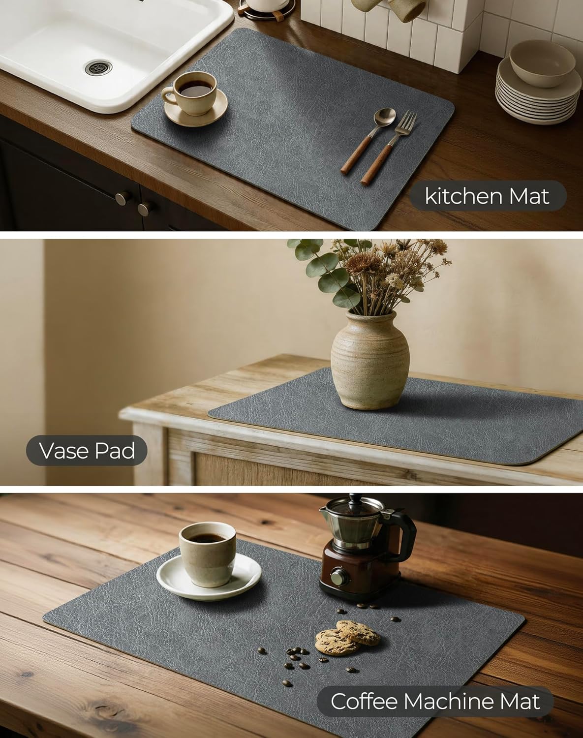 Reversible Faux Leather Placemats / Mist Gray / 12 x 17 / Set of 8
