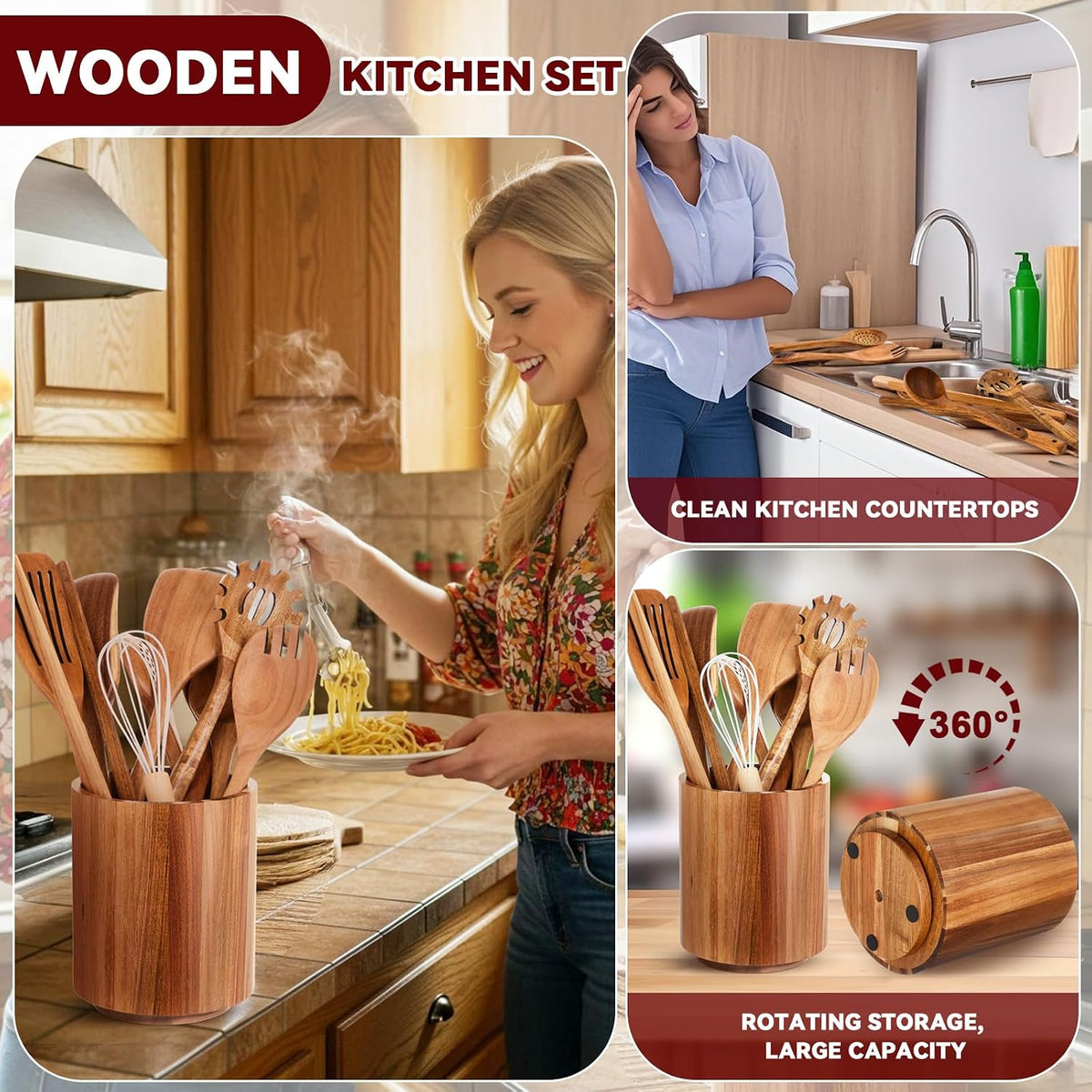 SiliFine 11 Pcs Wooden Kitchen Utensils Set with 360° Straight Rotating Holder Acacia Wood Cooking Utensils with