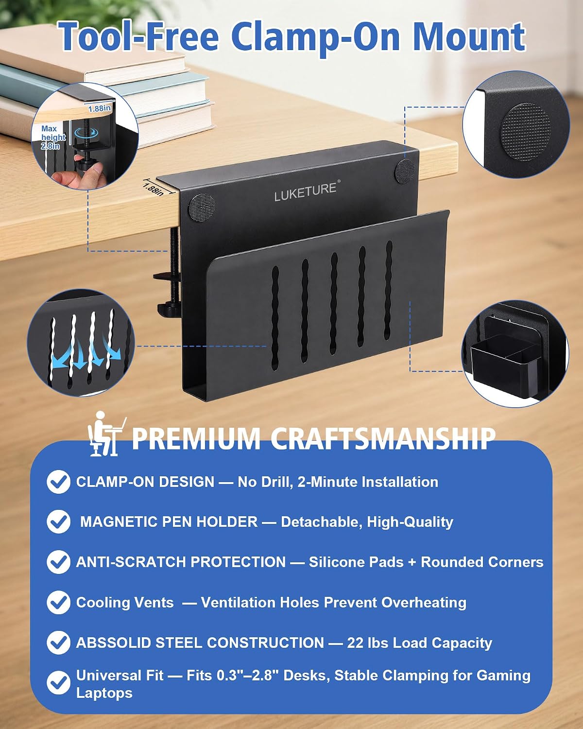 LUKETURE Desk Side Storage Laptop Holder No Drill Clamp On Organizer | Steel Side Desk Organizer, Clamp on Laptop Mount