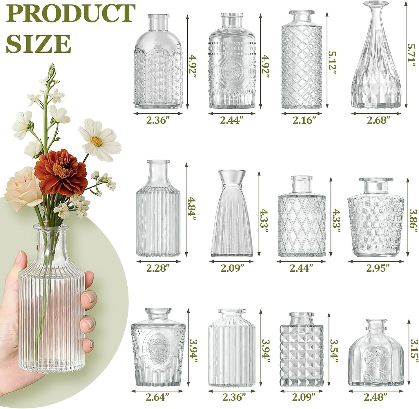 Small Vintage Glass Bud Flower Vases Bulk Multiple Shape Mini Glass Bottles / Clear / Set of 12