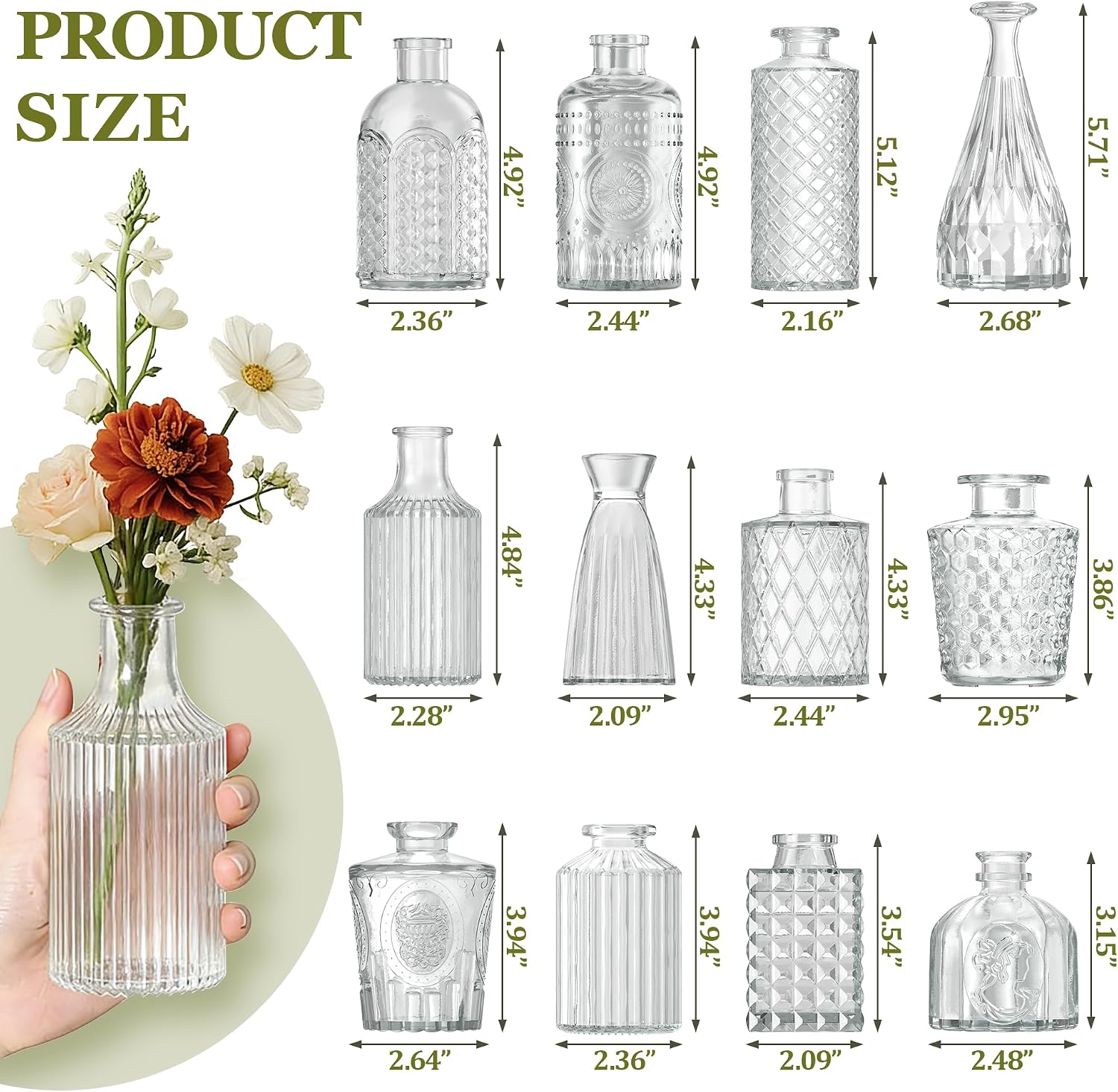Small Vintage Glass Bud Flower Vases Bulk Multiple Shape Mini Glass Bottles / Clear / Set of 12