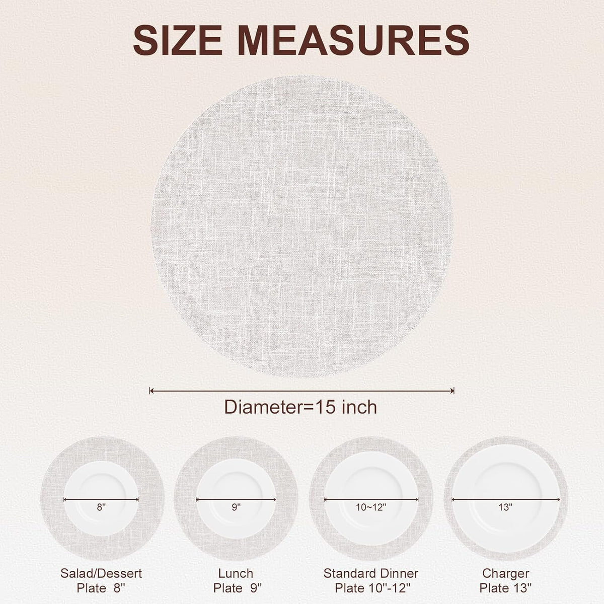 Cotton Linen 15 Inch Round Cloth Place mats, Set of 6, Beige | Washable Table Mats, Heat Resistant, Reversible