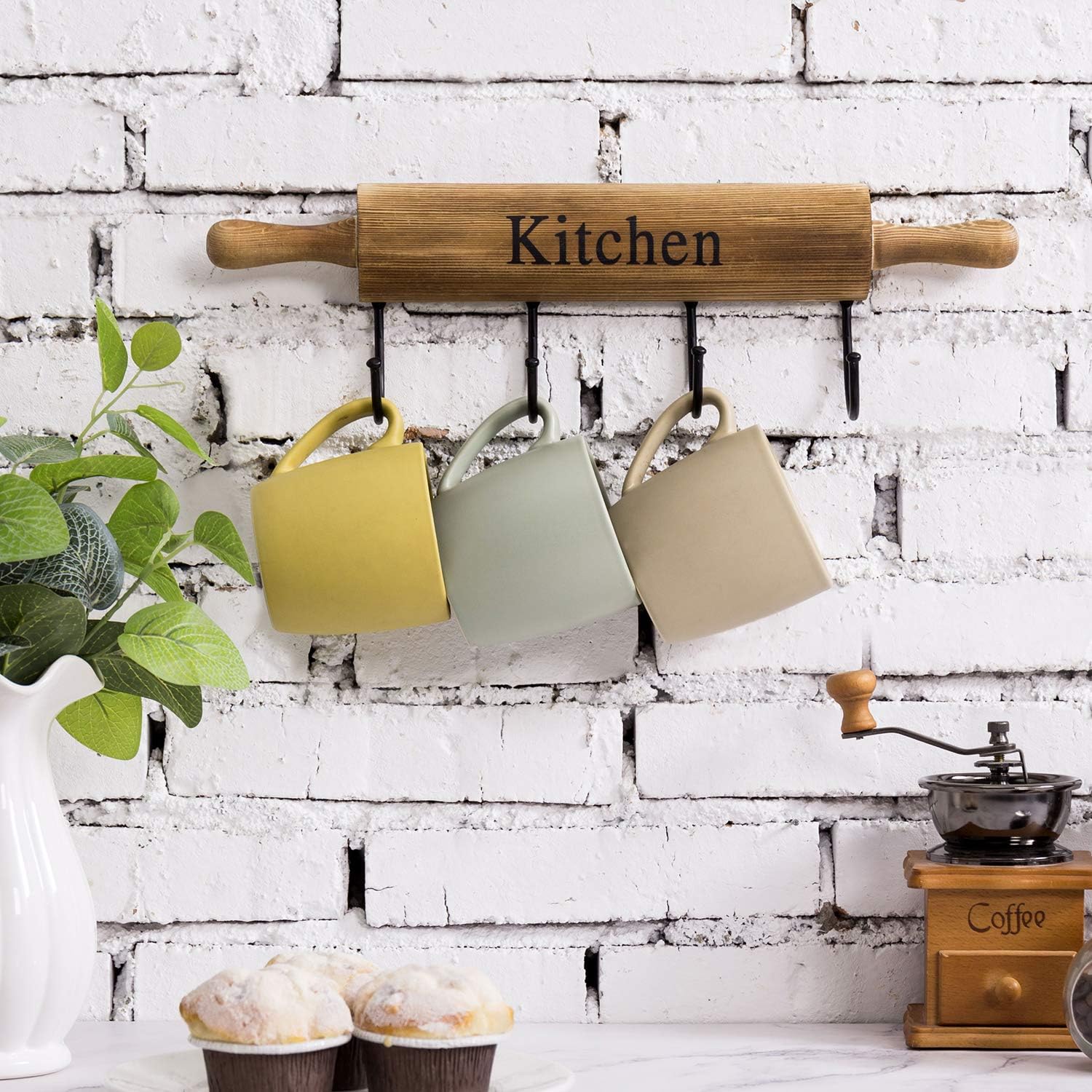 Rustic Burnt Brown Wood Kitchen Hooks for Hanging Cooking Utensils / Rustic Brown